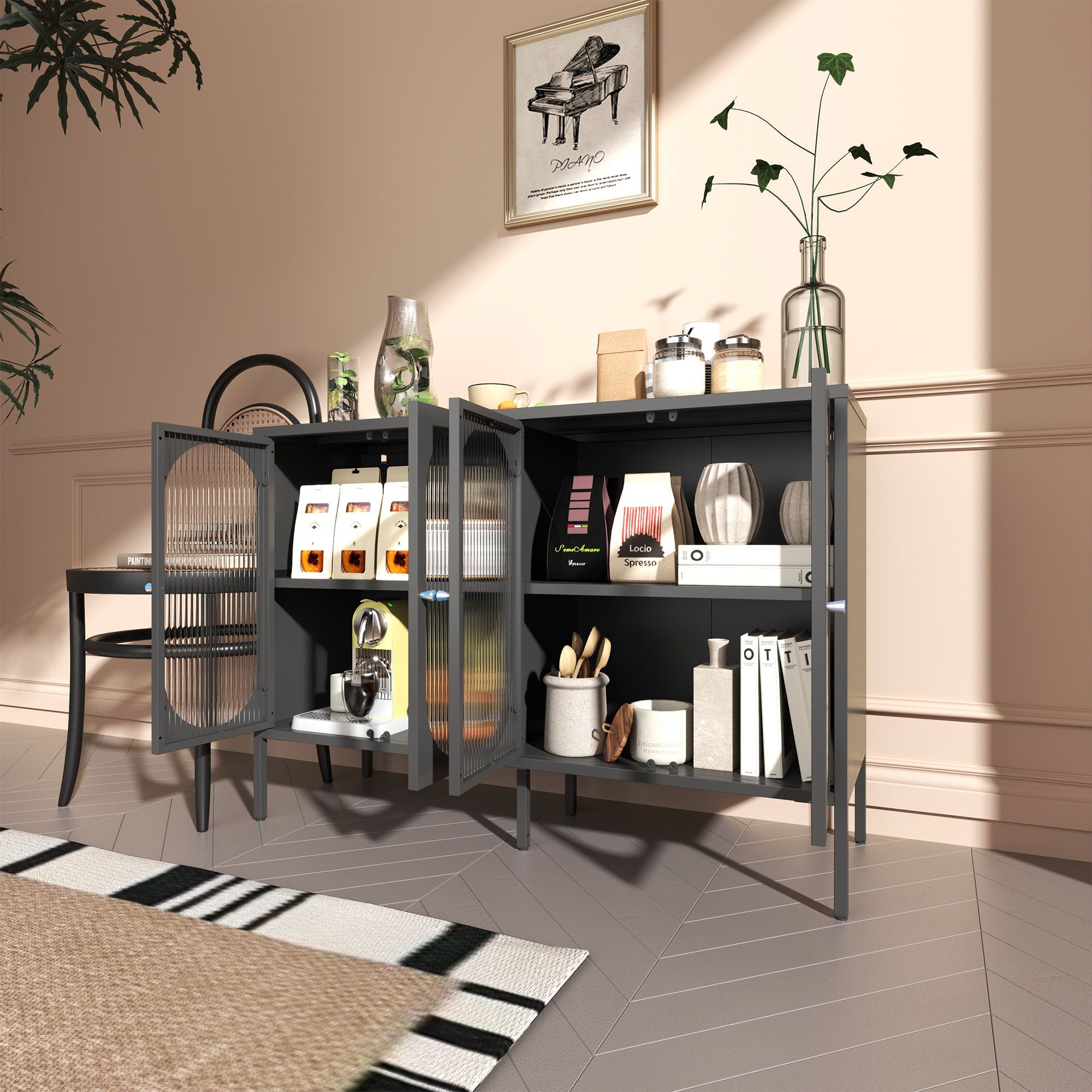 Modern Metal Sideboard Cabinet With 4 Glass Doors, Steel Kitchen Storage And Coffee Bar Cabinet - Black