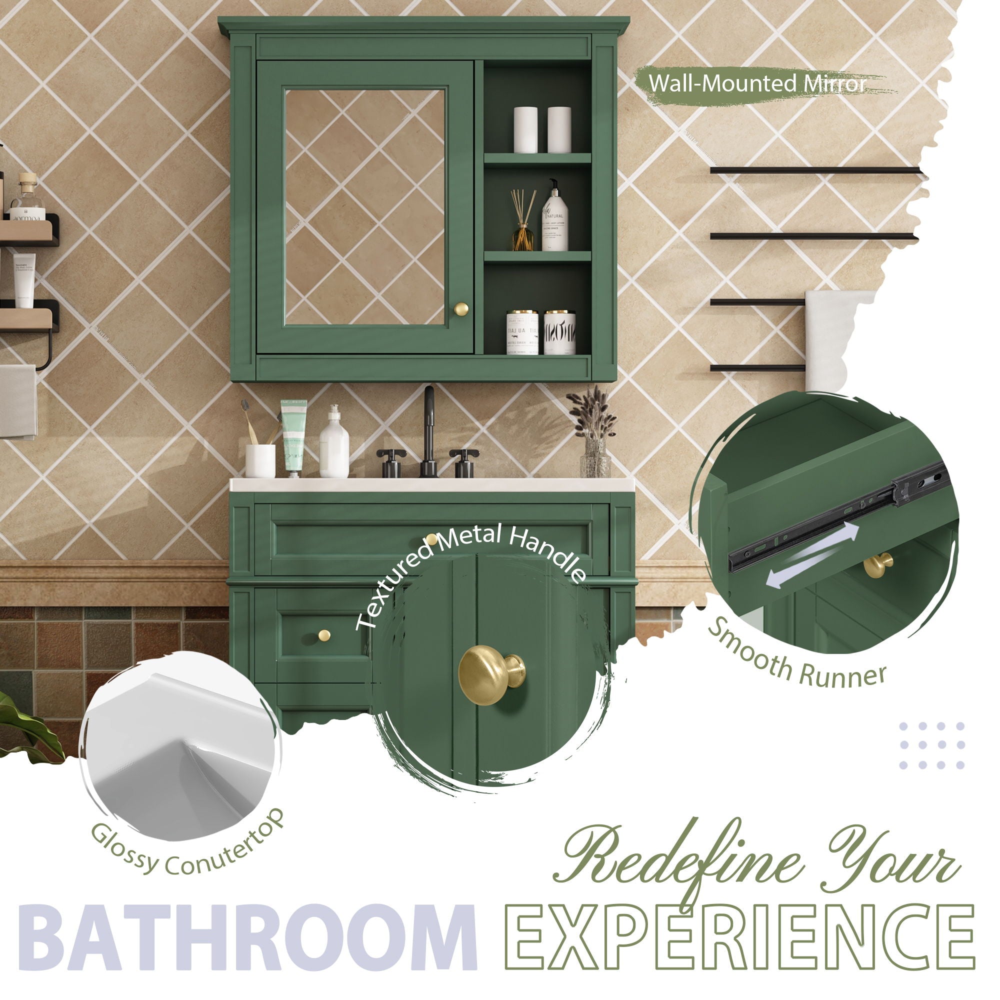 Bathroom Vanity With Medicine Cabinet, Royal Blue Mirror Cabinet, Modern Bathroom Storage Cabinet With 2 Soft Closing Doors And 4 Drawers