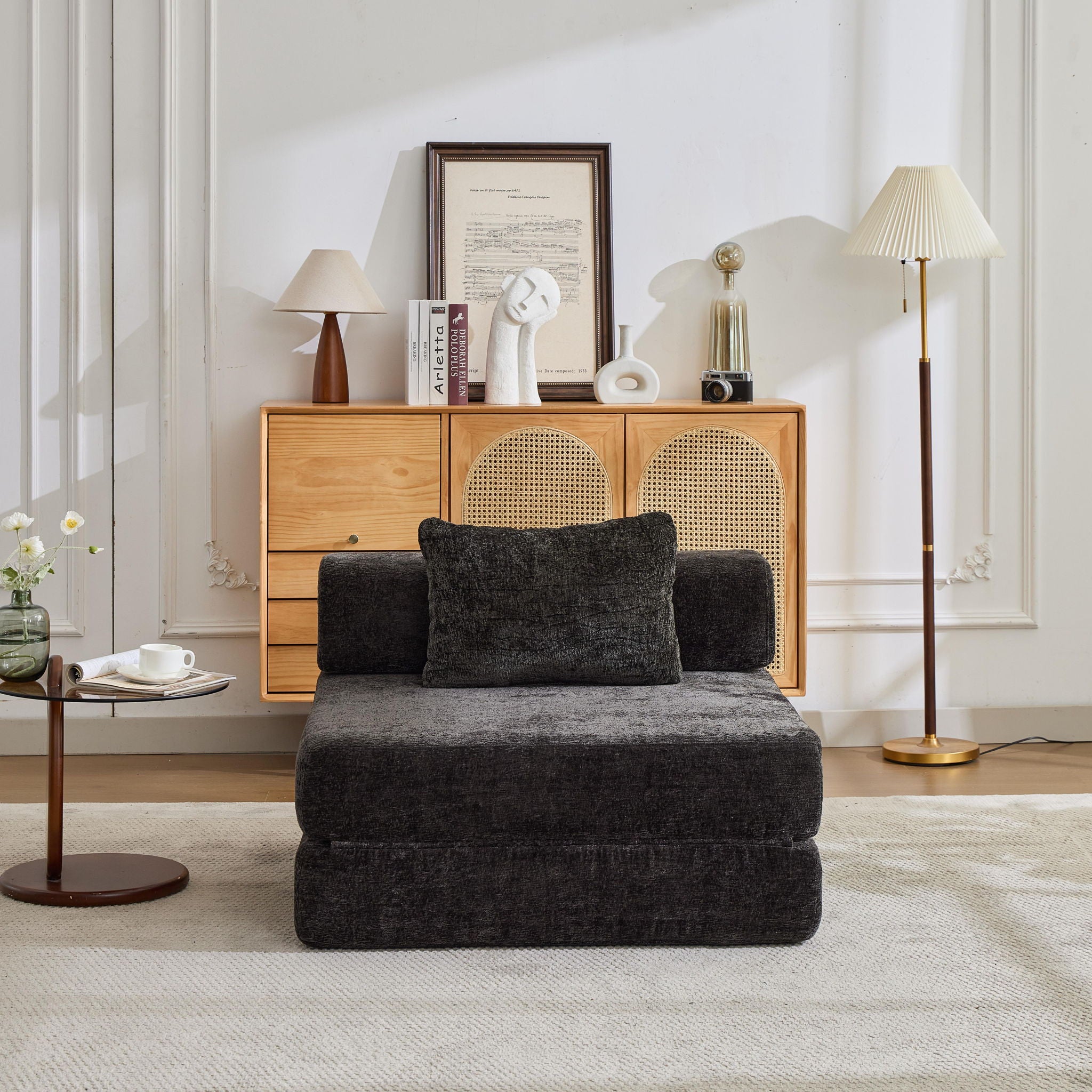 Convertible Floor Sofa Bed With Fixed Shape Frame For Living Room - Black
