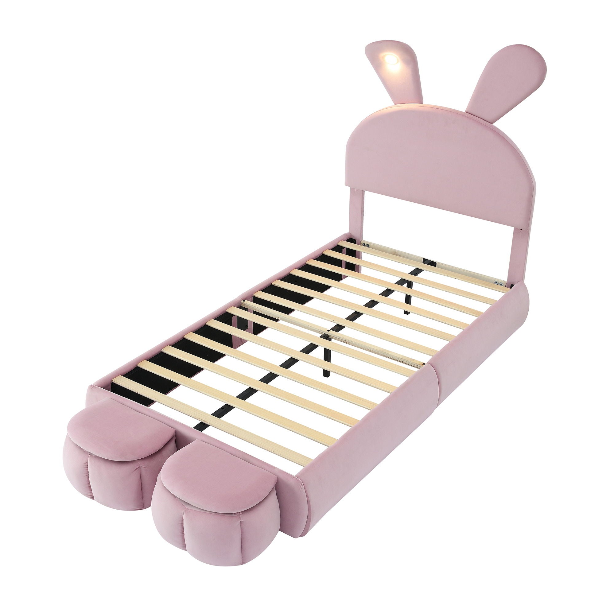 Upholstered Platform Bed With Cartoon Ears Shaped Headboard And LED Light