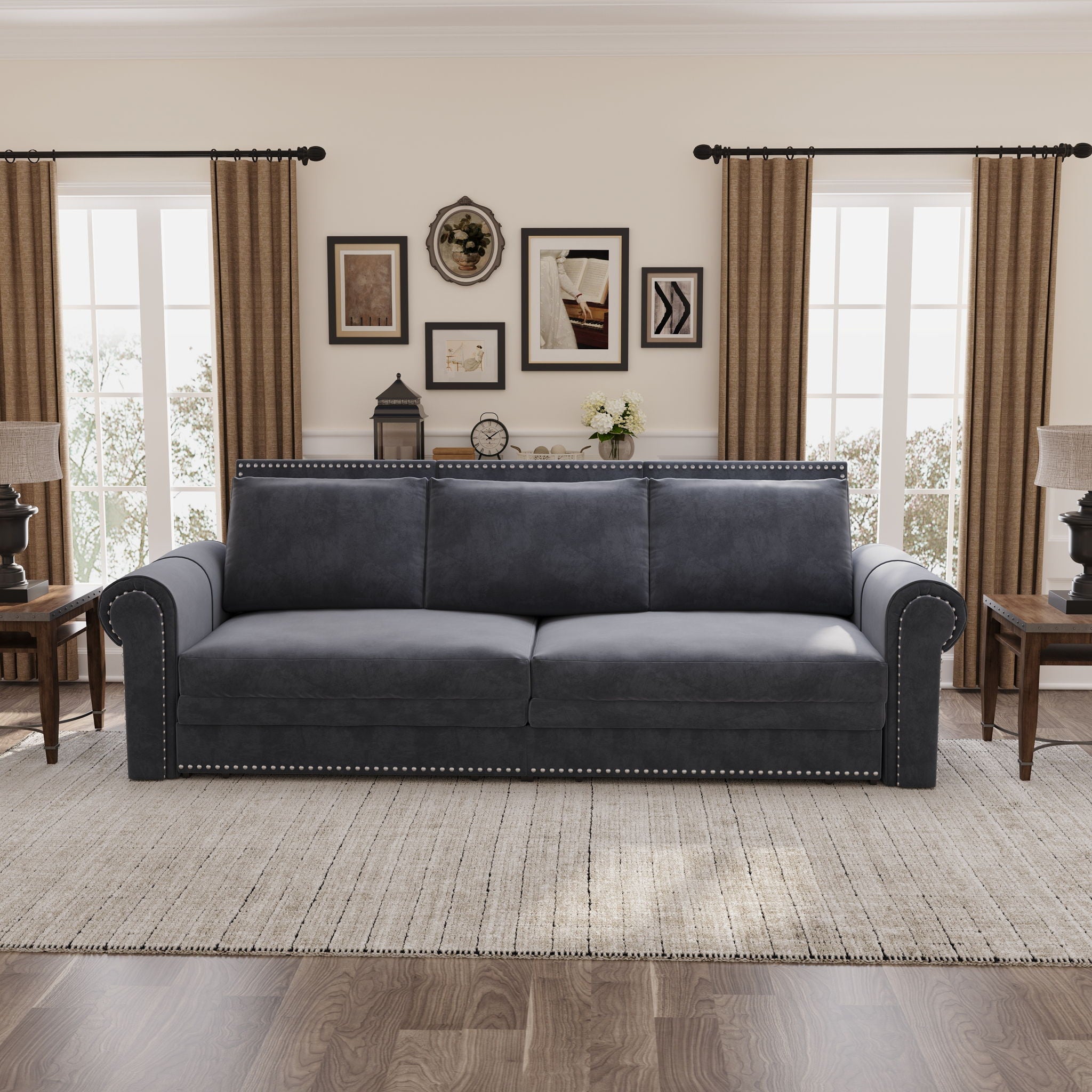 3 In 1 Convertible Sleeper Sofa With Nailhead Trim & Rolled Arm