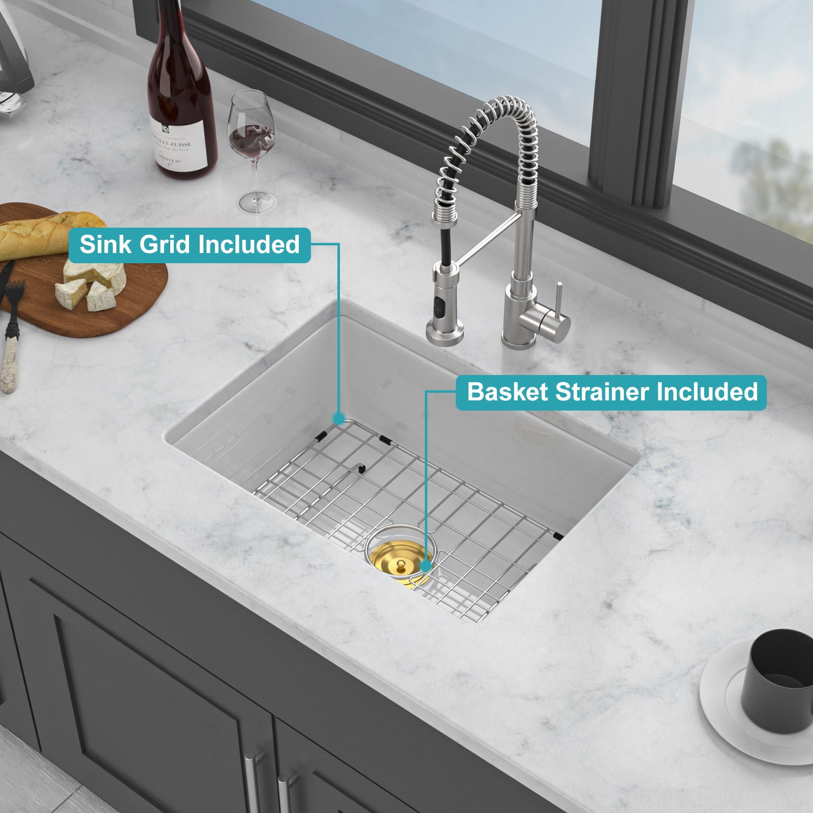 Rectangular Deep Single Bowl Kitchen Sink, Undermount Top Mount Porcela Stainless Steel Grid - White