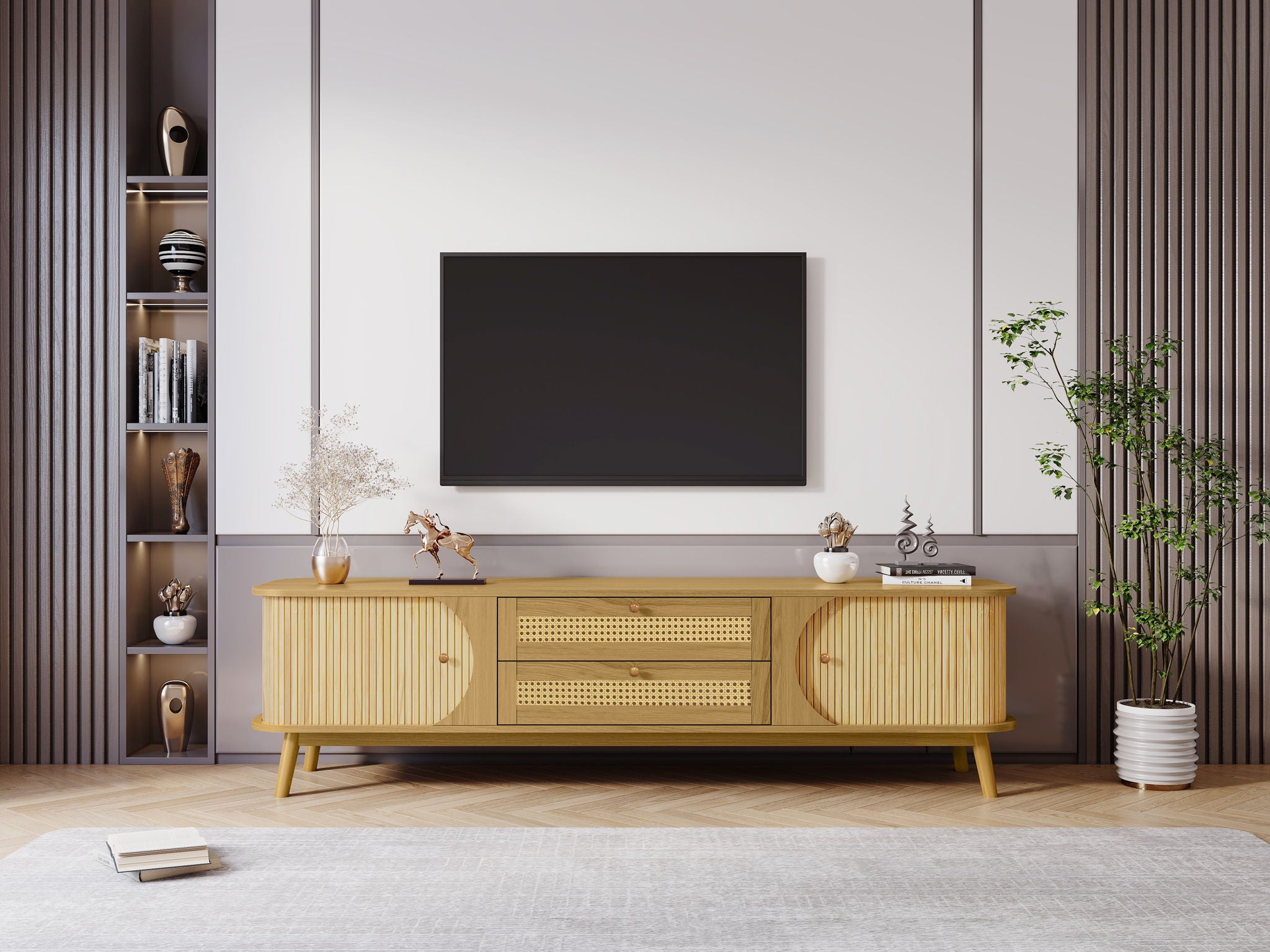 Rattan TV Stand For Tvs Up To 75'', Modern Farmhouse Media Console, Entertainment Center With Legs, TV Cabinet For Living Room, Home Theatre - Natural Wood