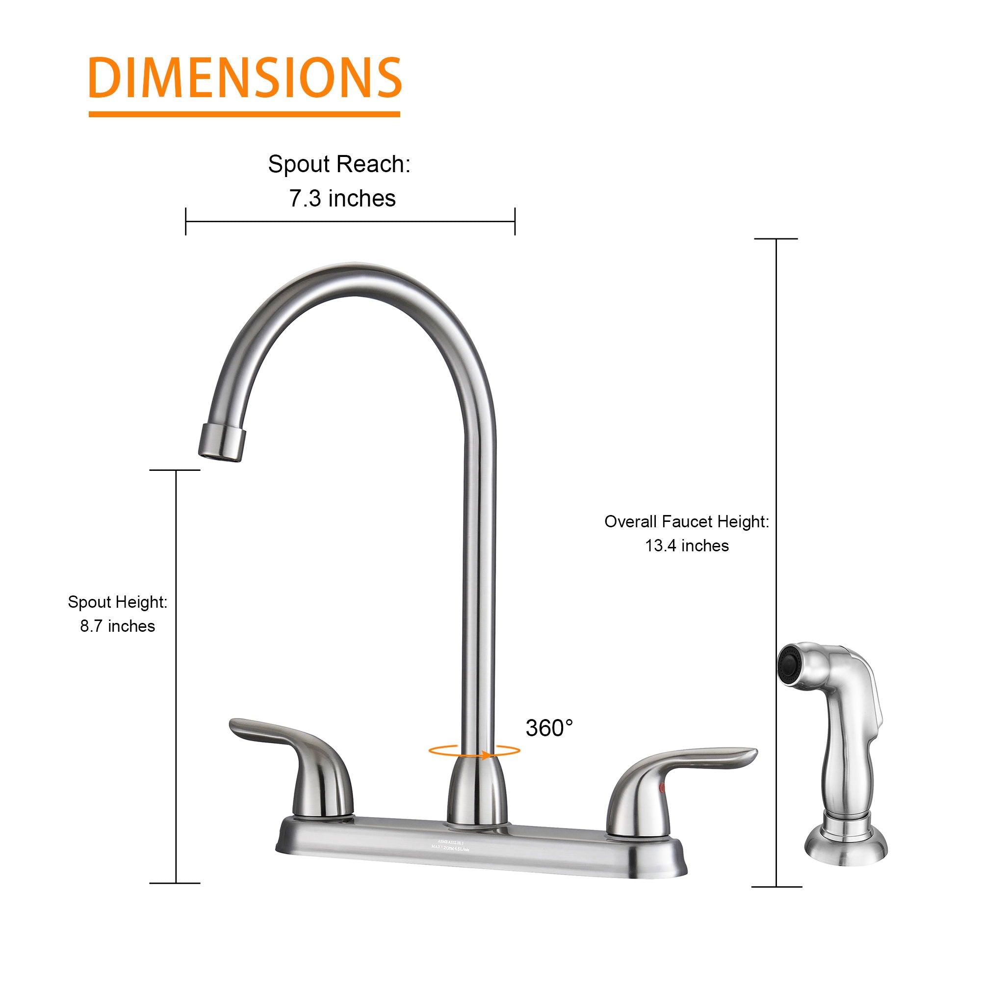 Kitchen Sink Faucet With 2 Handles And Pull Out Side Sprayer, 4 Hole Installation