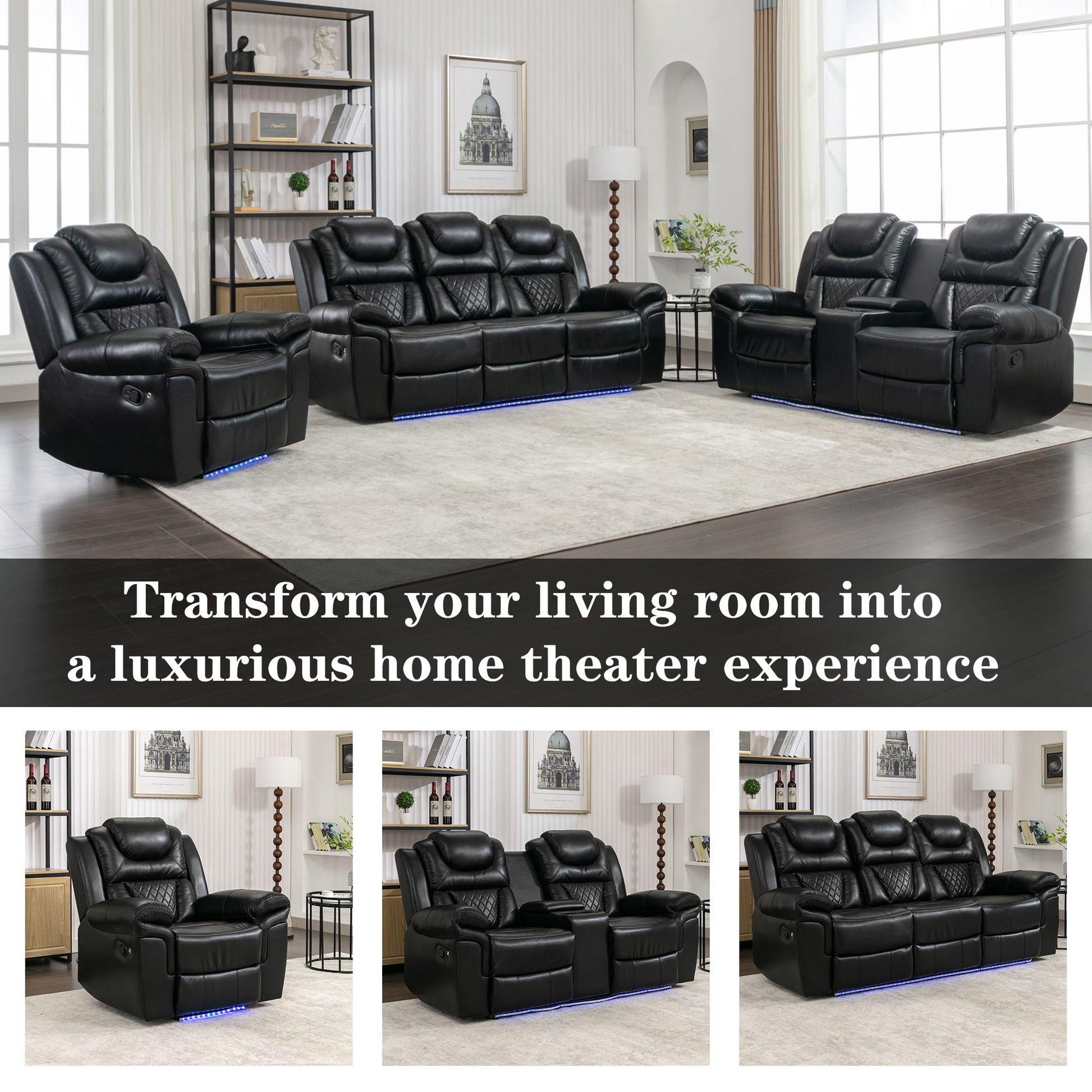 3 Pieces Recliner Sofa Sets Home Theater Seating Manual Recliner Chair With Center Console And LED Light Strip For Living Room - Best Buy Furniture