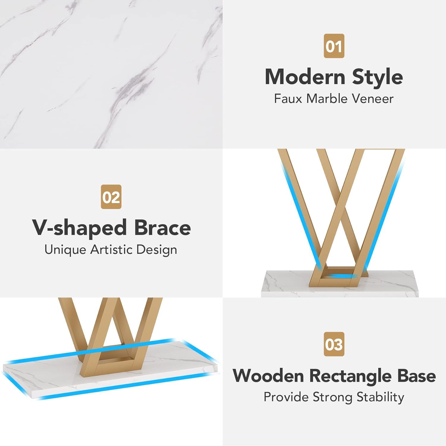 Console Table With Top With V Leg Frame For Hallway, Living Room - White / Gold