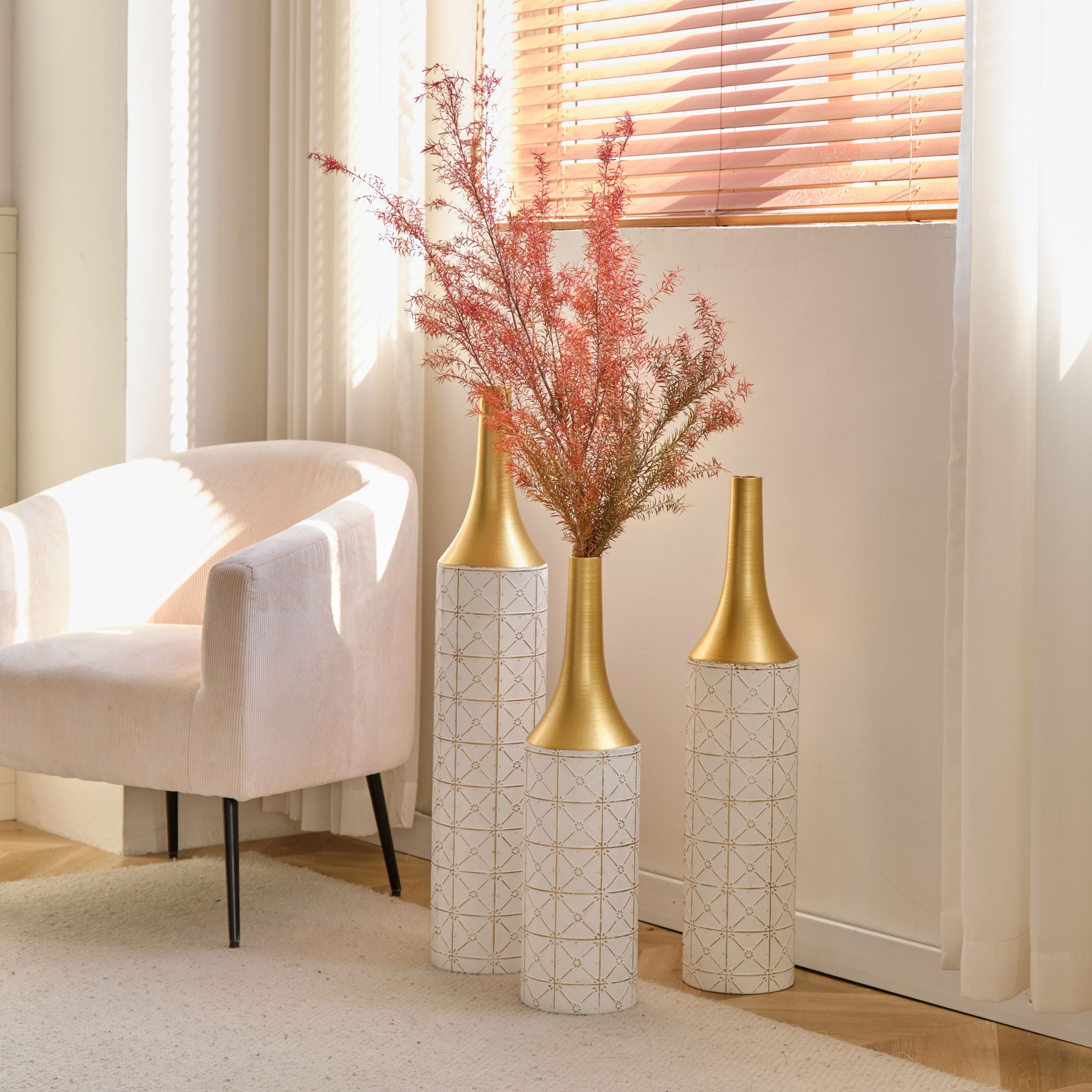 Floor Metal Vases Decorated White Metal Vases (Set of 3) Gorgeous Home Decoration Large Glazed Metal Vases - White / Gold