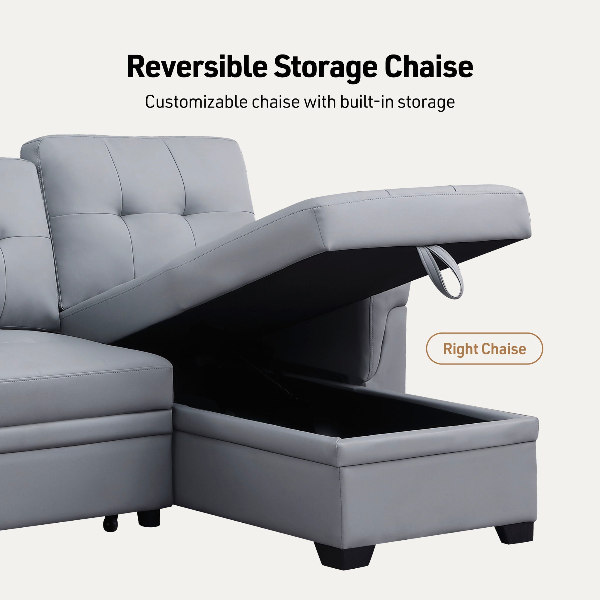Lexi - Vegan Leather Modern Reversible Sleeper Sectional Sofa With Storage Chaise