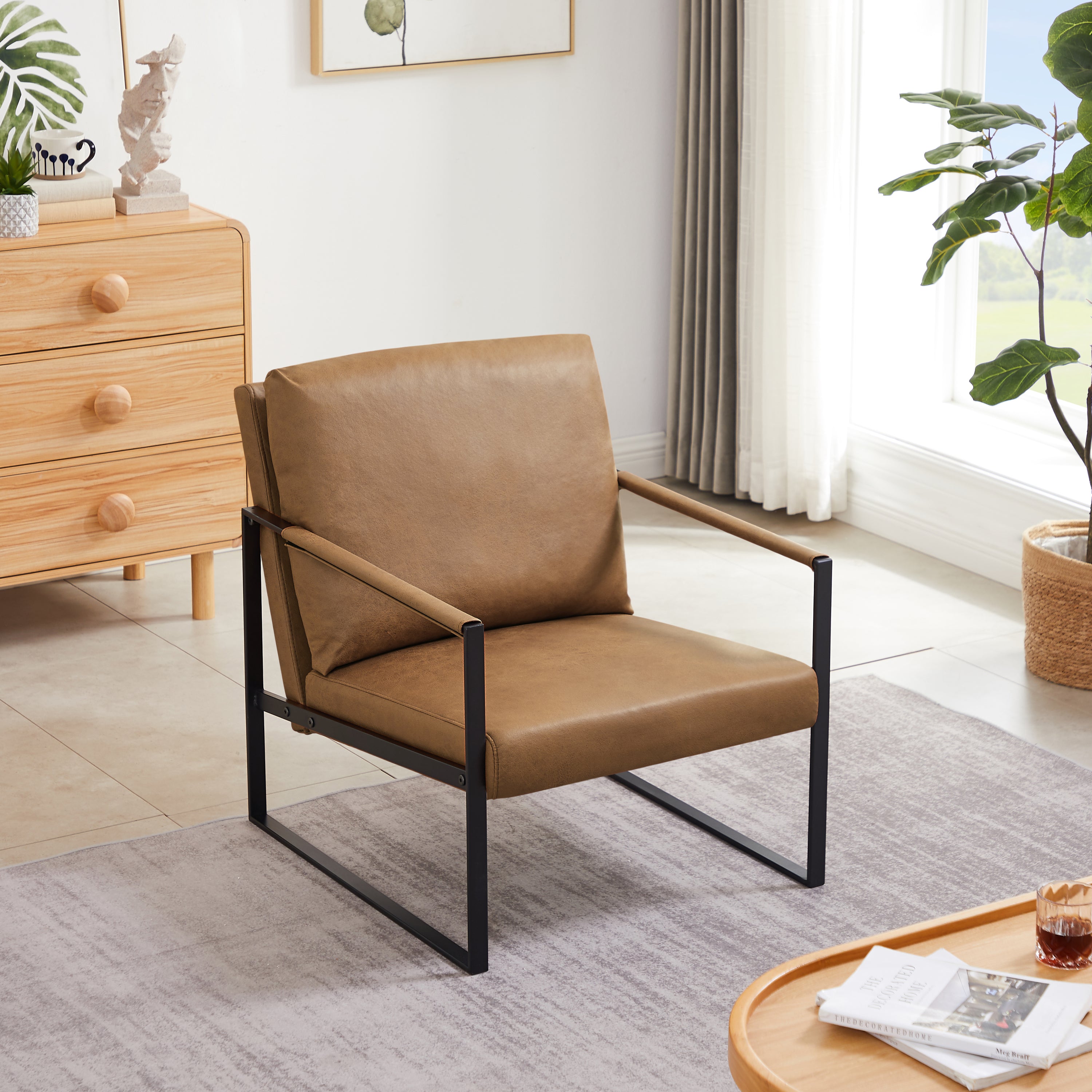 Camel Leathaire Accent Arm Chair, Thick Padded Seat, Sturdy Metal Frame