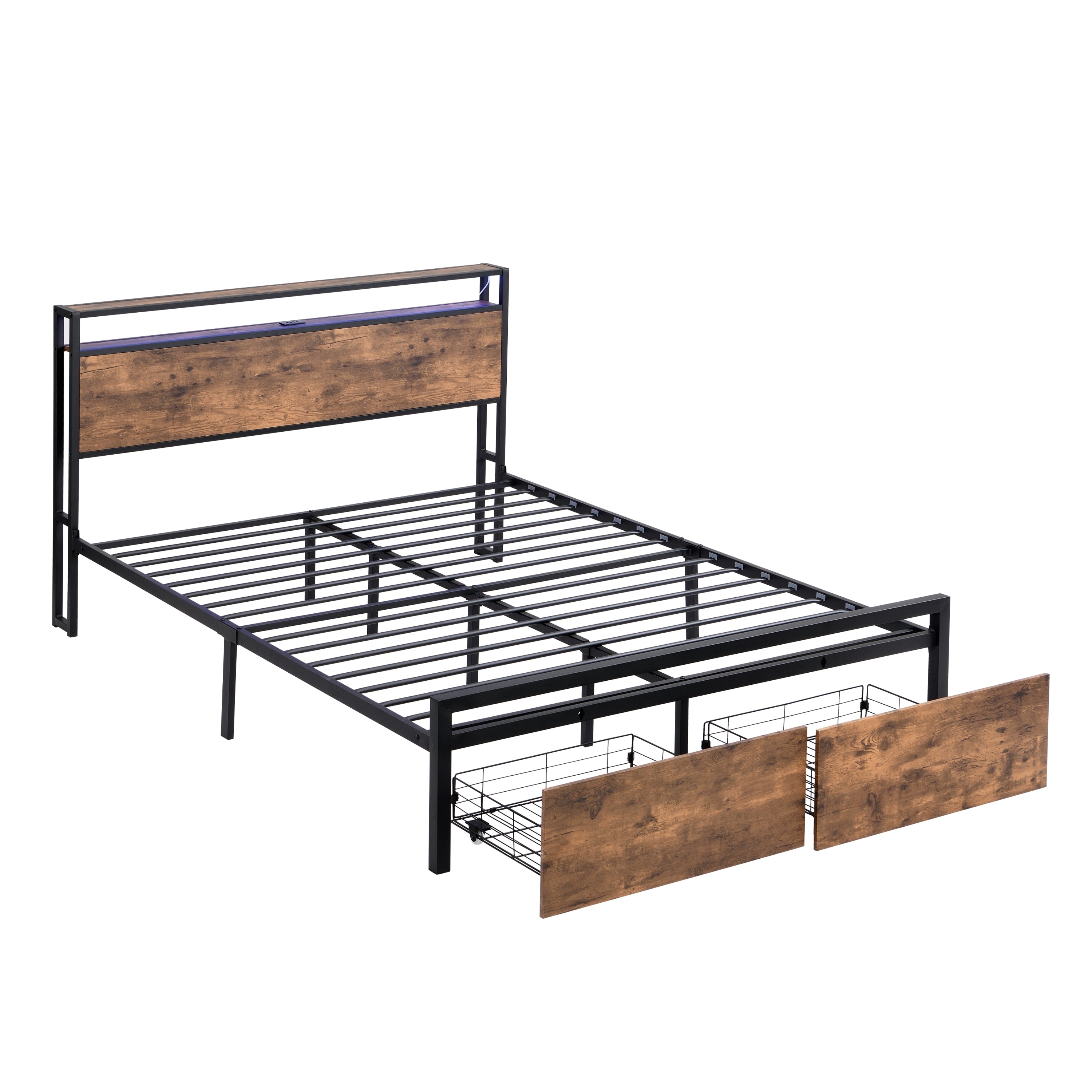 Bed frame with storage, led headboard, drawers & usb port