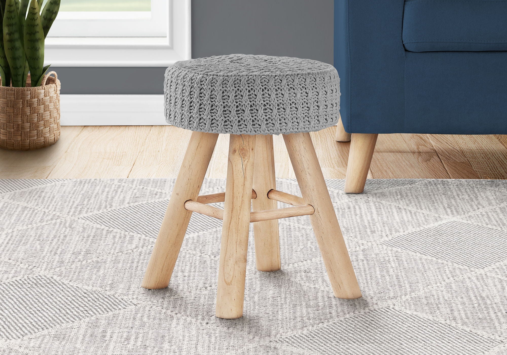 Ottoman, Pouf, Footrest, Foot Stool, Round, Natural Wood Legs, Contemporary, Modern