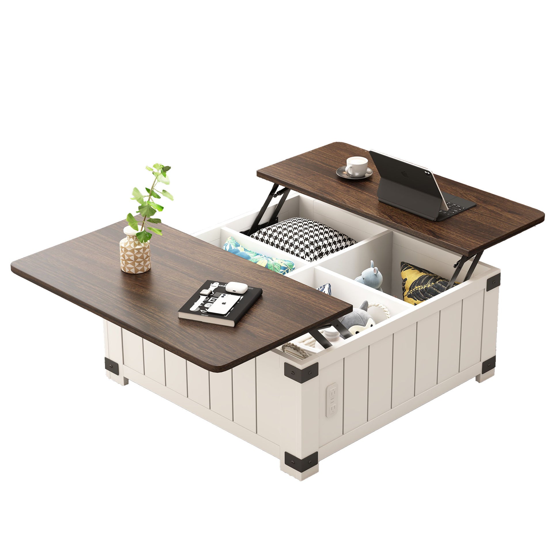 Farmhouse Style Lift Top Coffee Table With Storage And Charging Station - White Wood - Best Buy Furniture