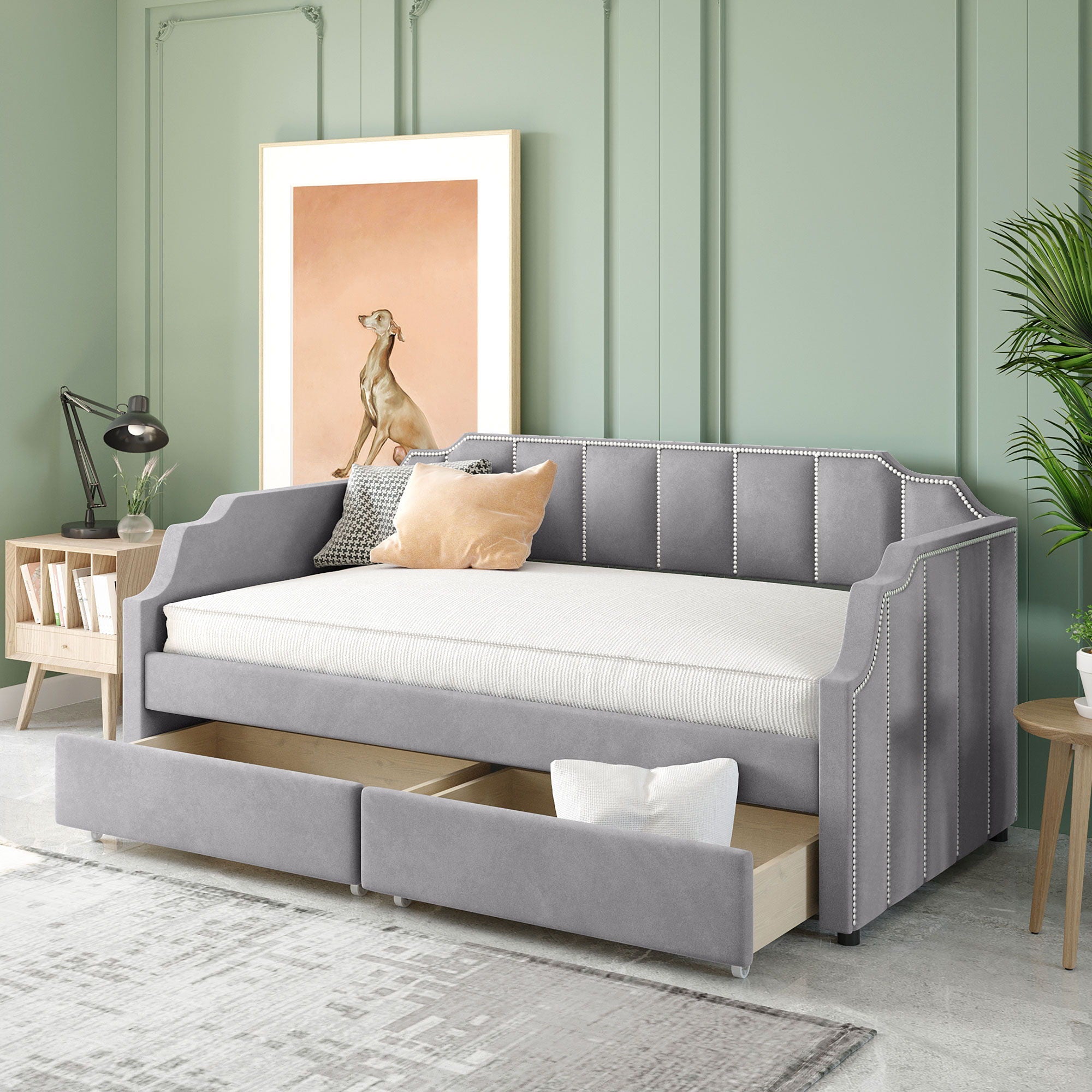 Upholstered Daybed With Drawers, Slat Support