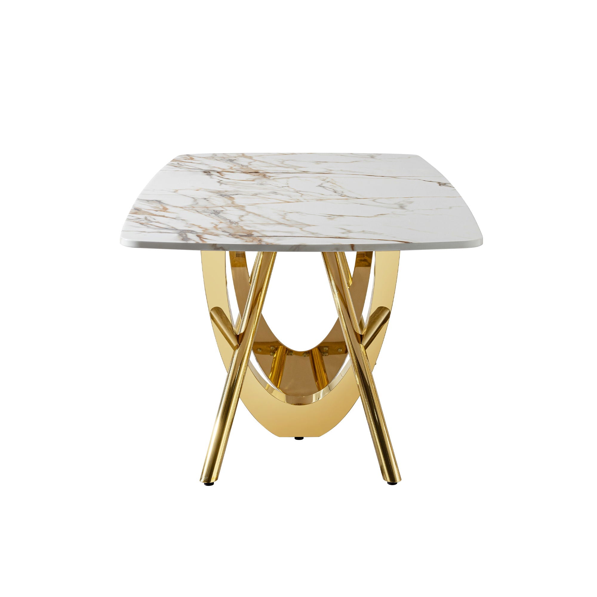 Marble Pattern Dining Table With Stainless Steel Base, Rectangular, Seats 6 Or 8 - Gold