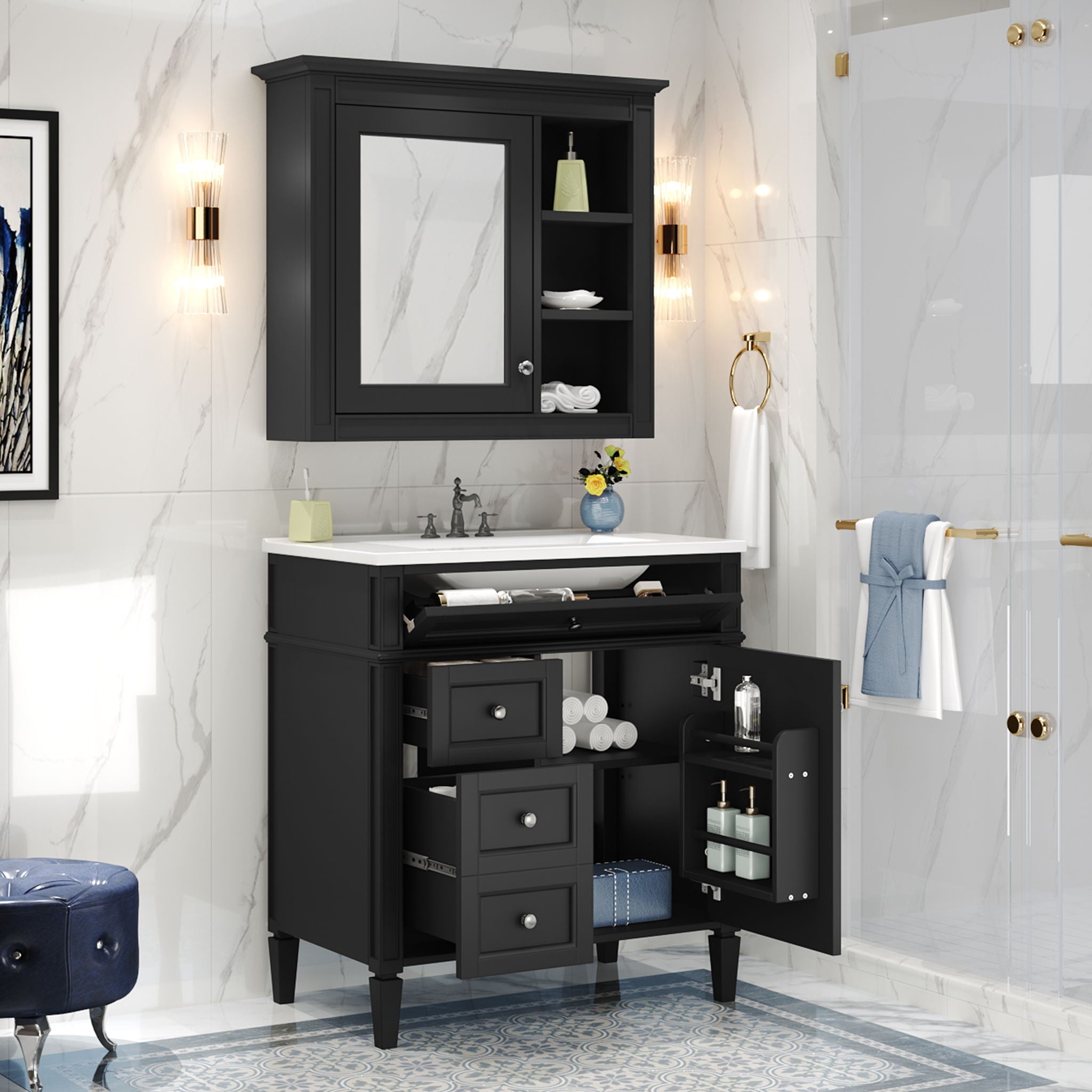 Bathroom Vanity With Medicine Cabinet, Royal Blue Mirror Cabinet, Modern Bathroom Storage Cabinet With 2 Soft Closing Doors And 4 Drawers