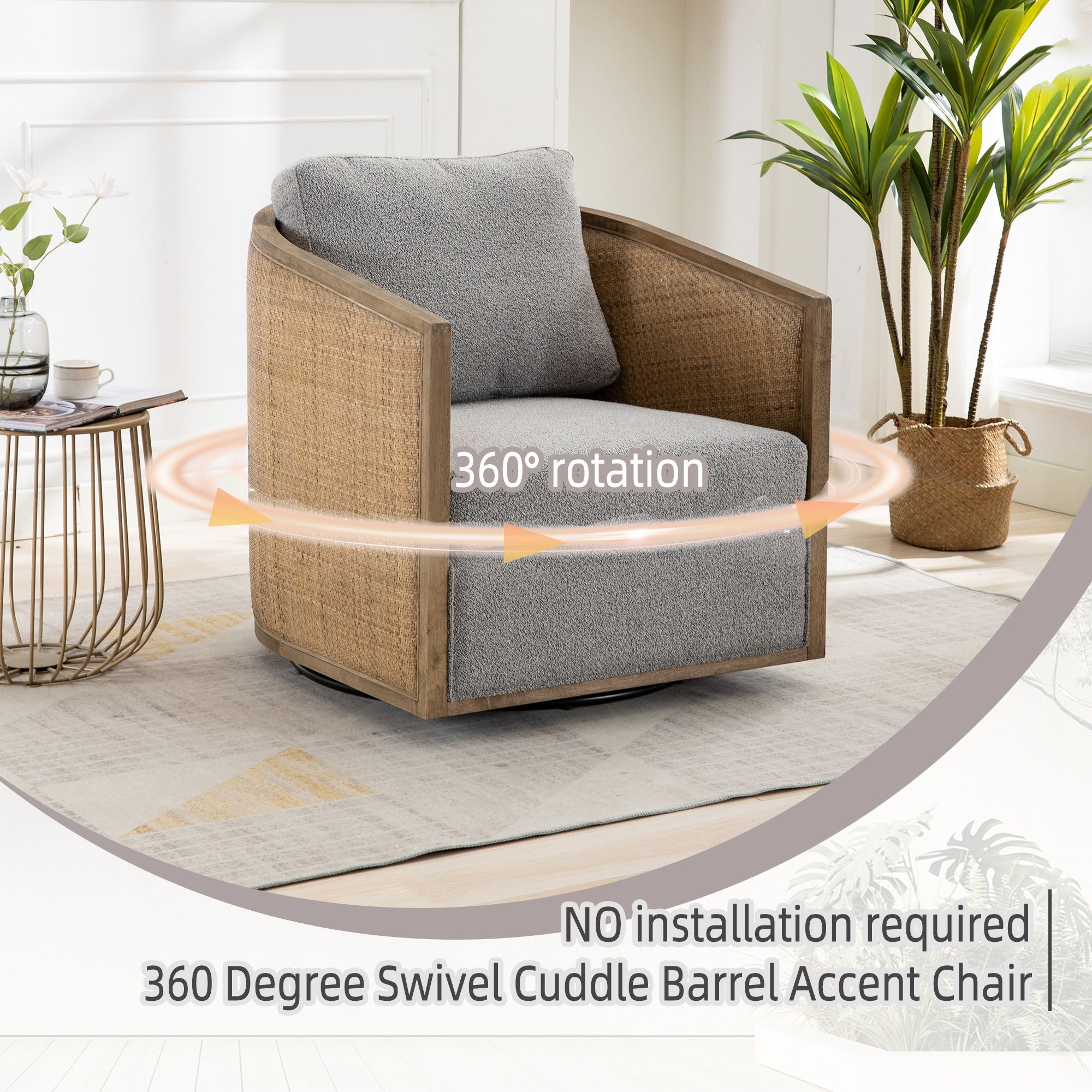 Barrel, Comfy Round Accent Sofa Chair With 360 Degree Swivel, Leisure Arm