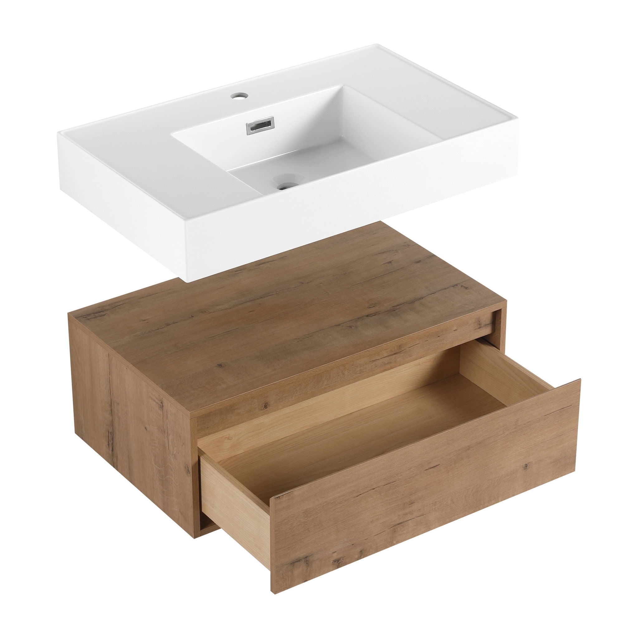 Modern Imitative Wall Mounted Bathroom Vanity With Resin Sink & 2 Side Cabinet, Soft Close Drawer - Imitative Oak