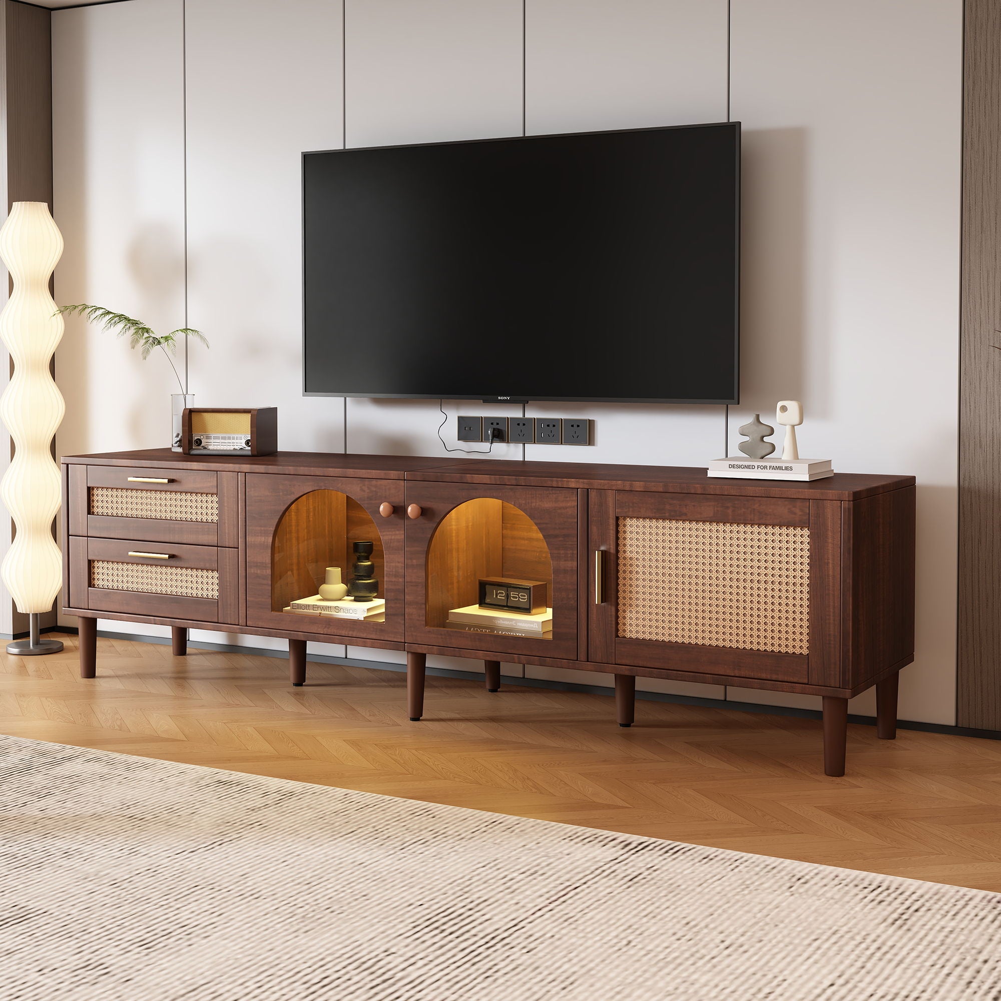 TV Stand With 3 Cabinets & 2 Drawers, LED Light Media Console For TVs Up To 80" - Dark Brown