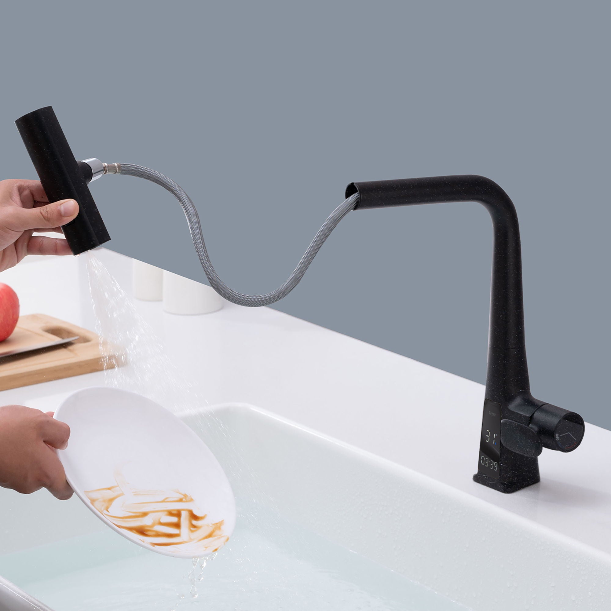 Modern Waterfall Kitchen Faucet With Temperature Display And Pull Down Sprayer, Zinc Construction - Matte Black