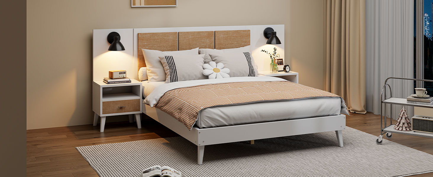 Bed Frame With 2 Nightstands Elegant Design With Lamps