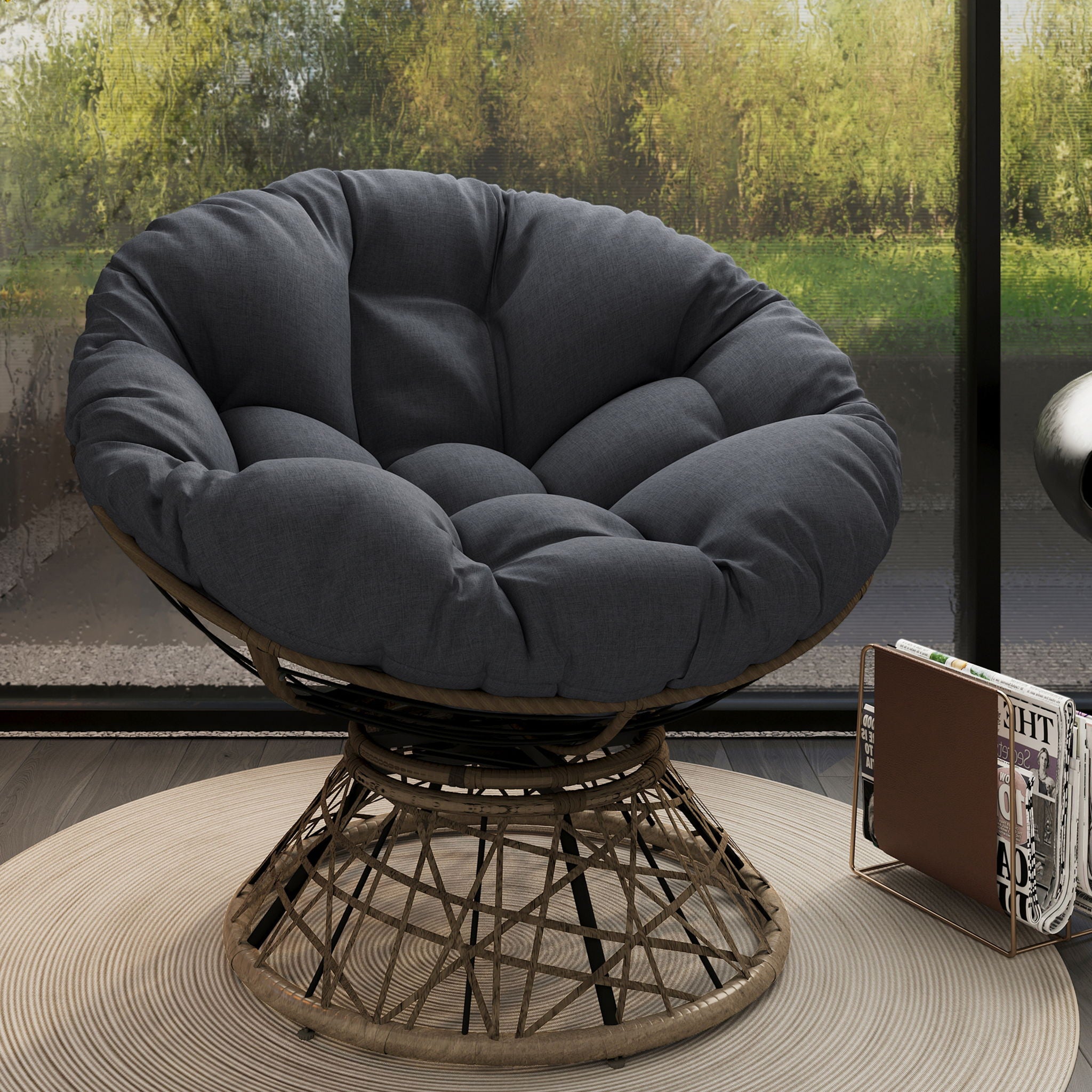 Ergonomic Wicker Chair With Cloud Thick Density Cushion, 3 Proof Cover High Capacity Iron Frame Fluid 360° Swivel