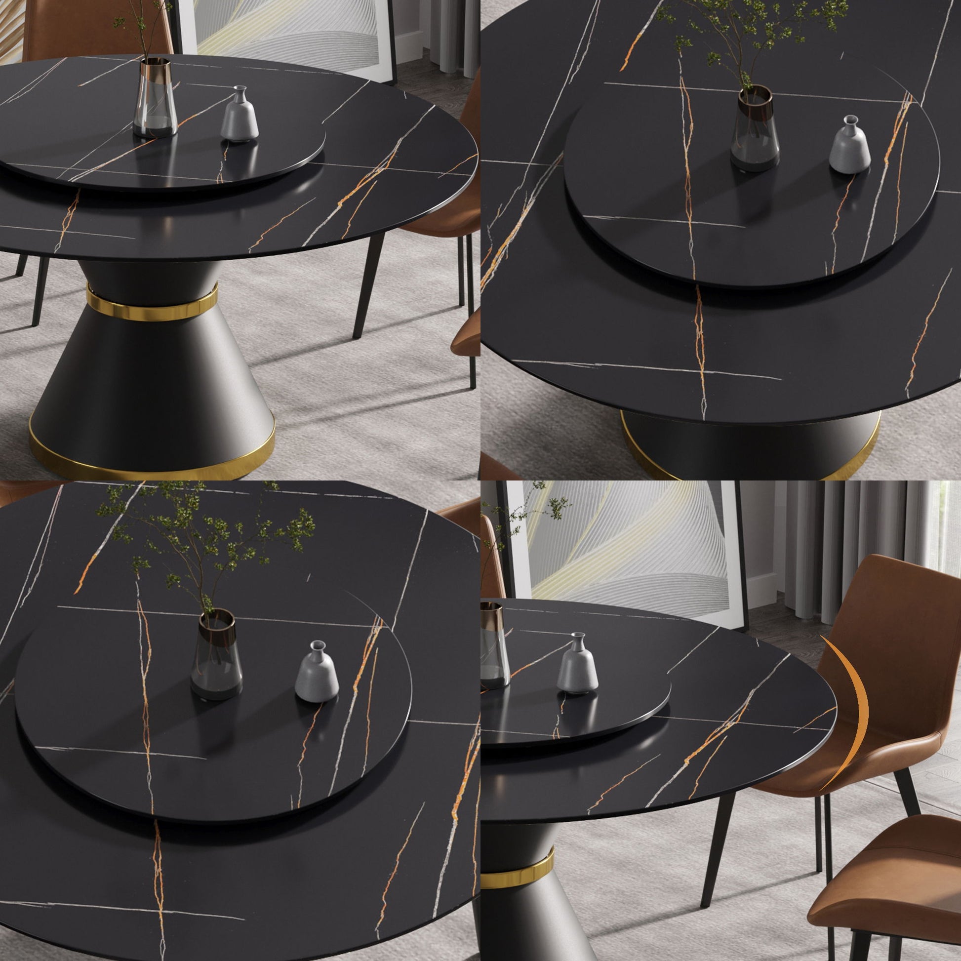 Modern Artificial Stone Round Carbon Steel Base Dining Table, Can Accommodate 6 People Artificial Stone Turntable - Black - Best Buy Furniture