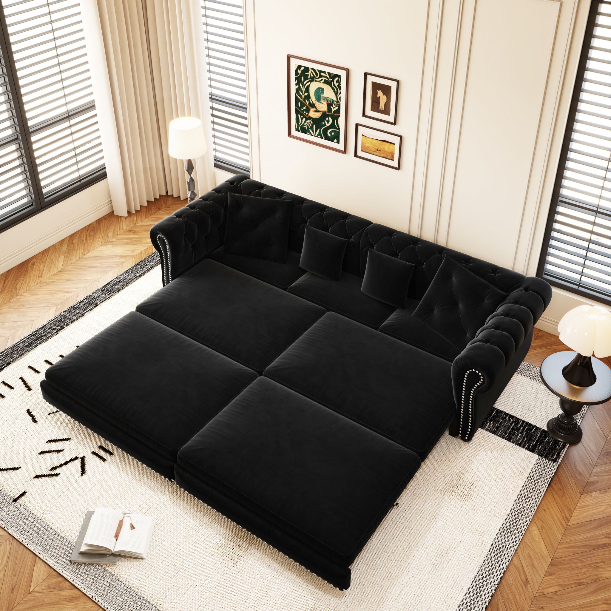 3 In 1 Pull Out Sofa Bed, Convertible Sleeper Sofa Bed, 3 Seater Sofa With Movable Ottoman - Black