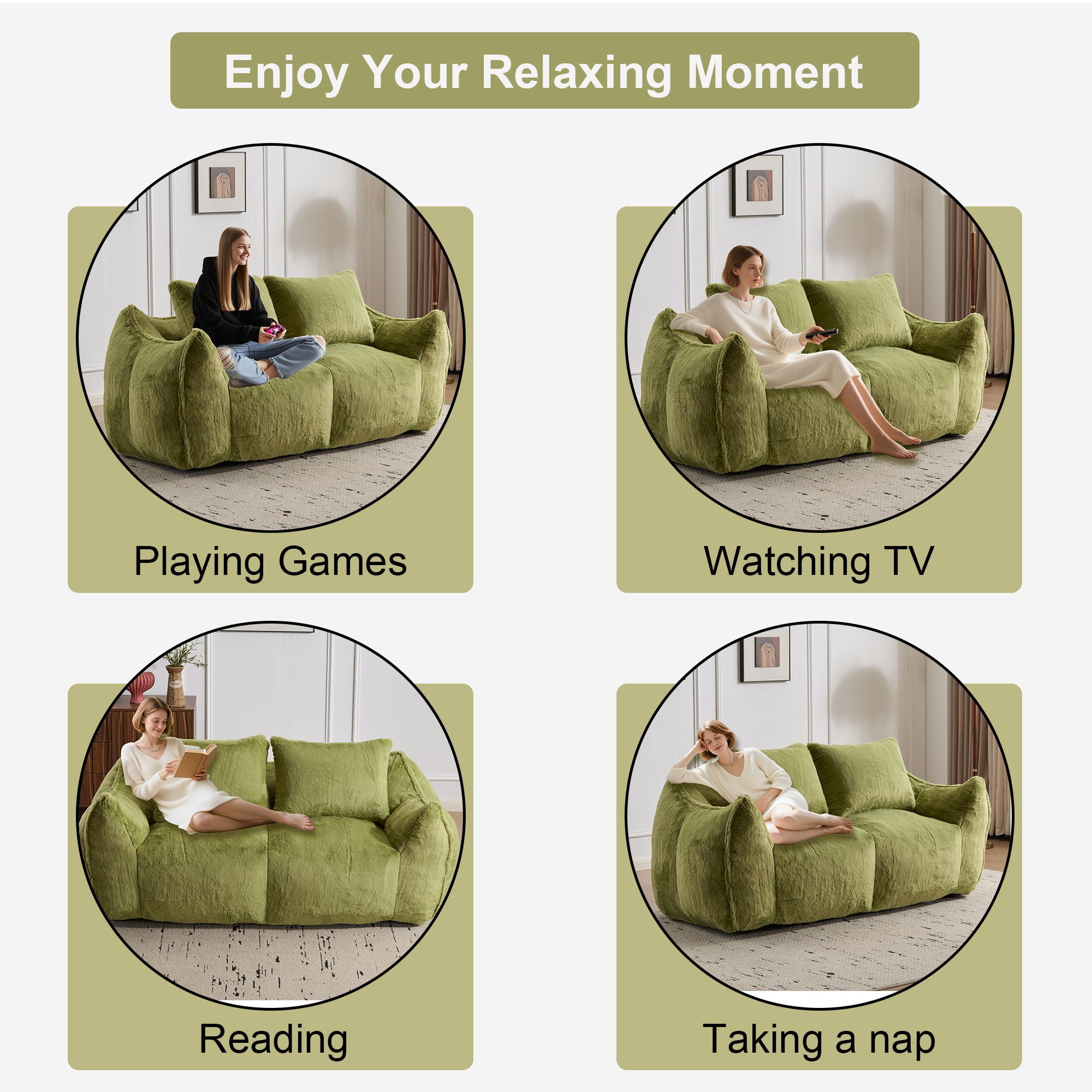 Giant Bean Bag Couch, Ultra Soft Fluffy Loveseat For Living Room Reading Chair With Pillows - Green