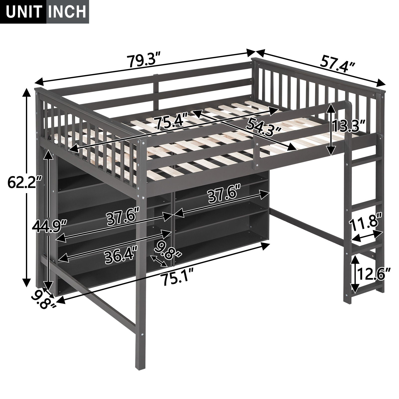 Loft Bed With 8 Open Storage Shelves And Built In Ladder
