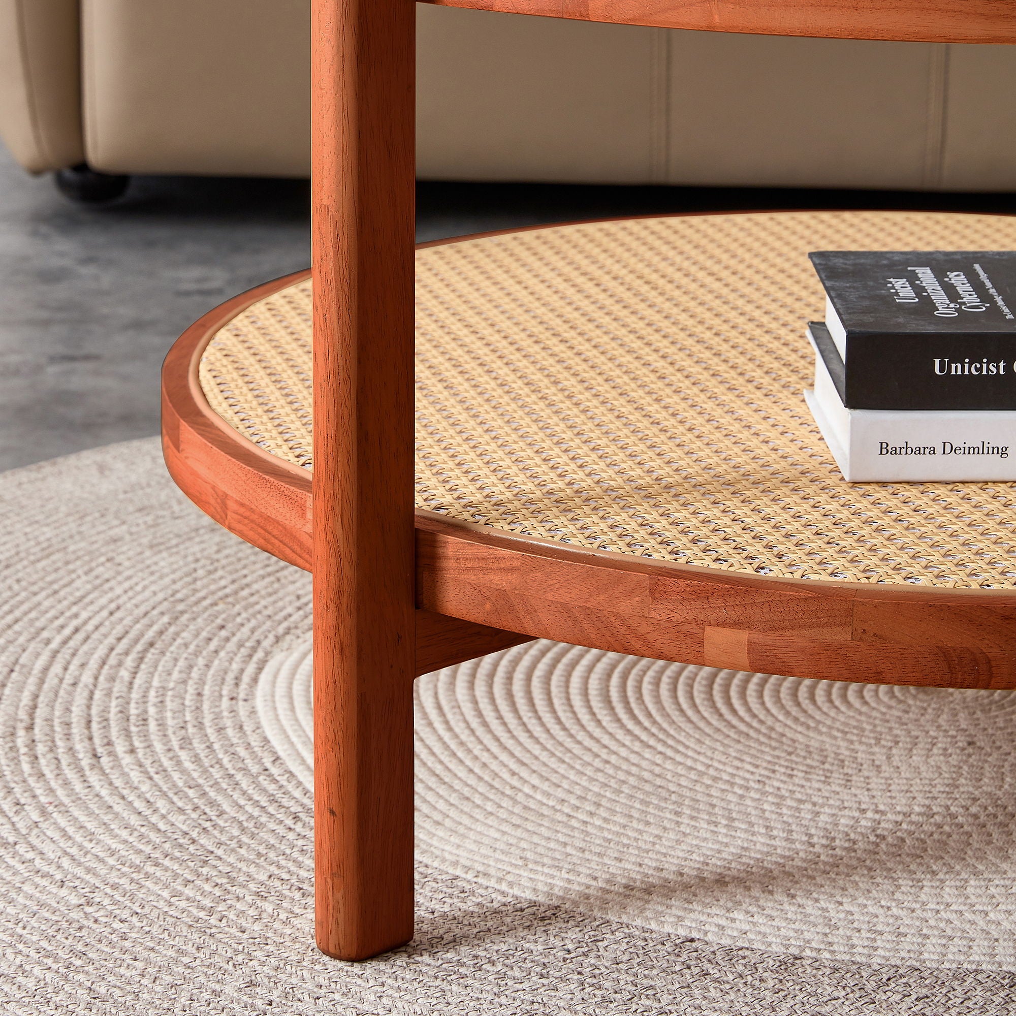 Modern Style Circular Double Layer Tea Table With Rattan Weave