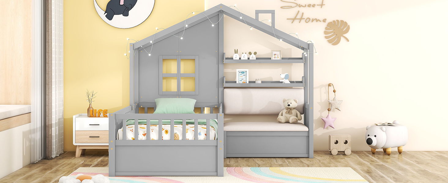 House Bed With Sofa, Kids Platform Bed With 2 Drawers And Storage Shelf
