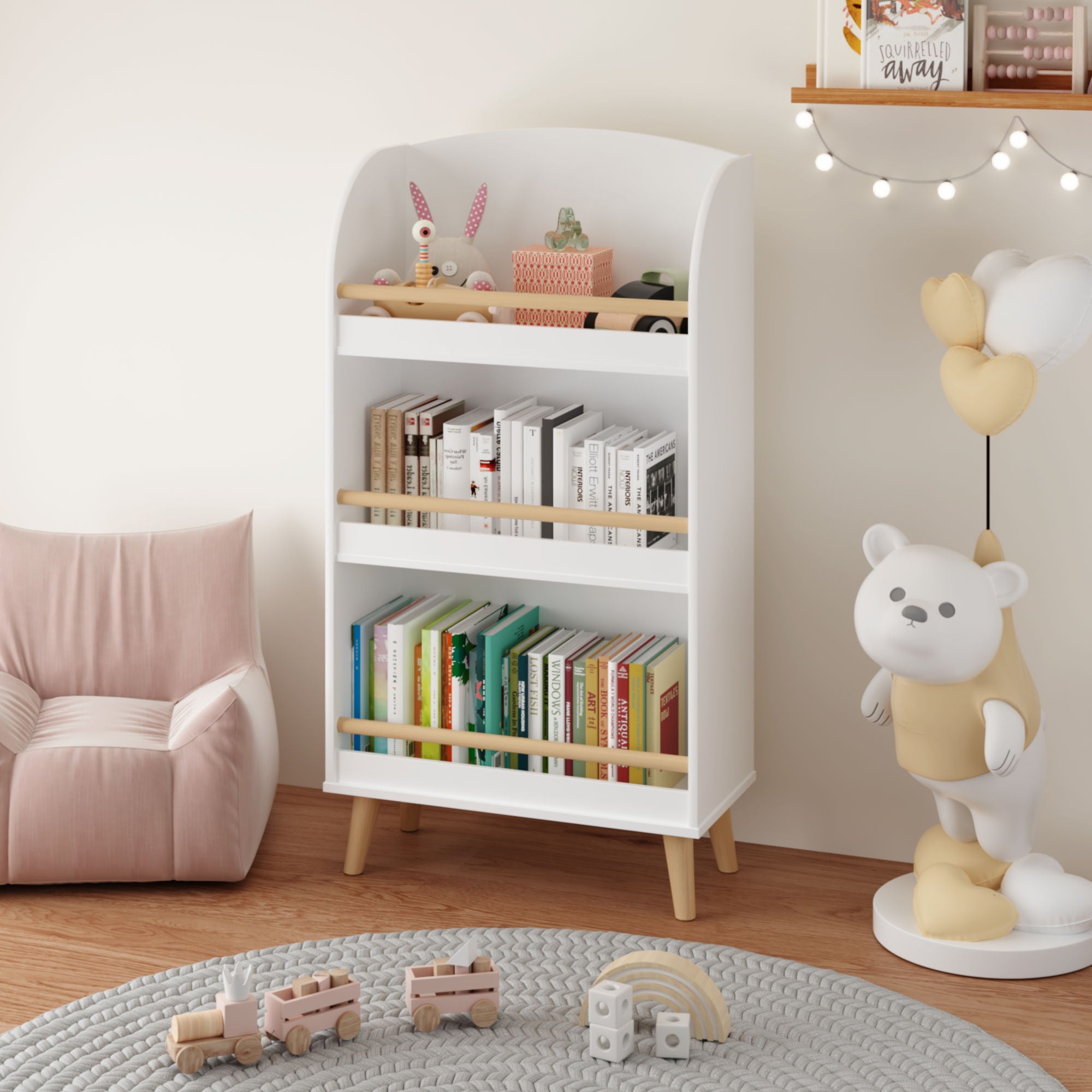 Bookshelf 3 Tier Book Organizer With Toy Storage - White