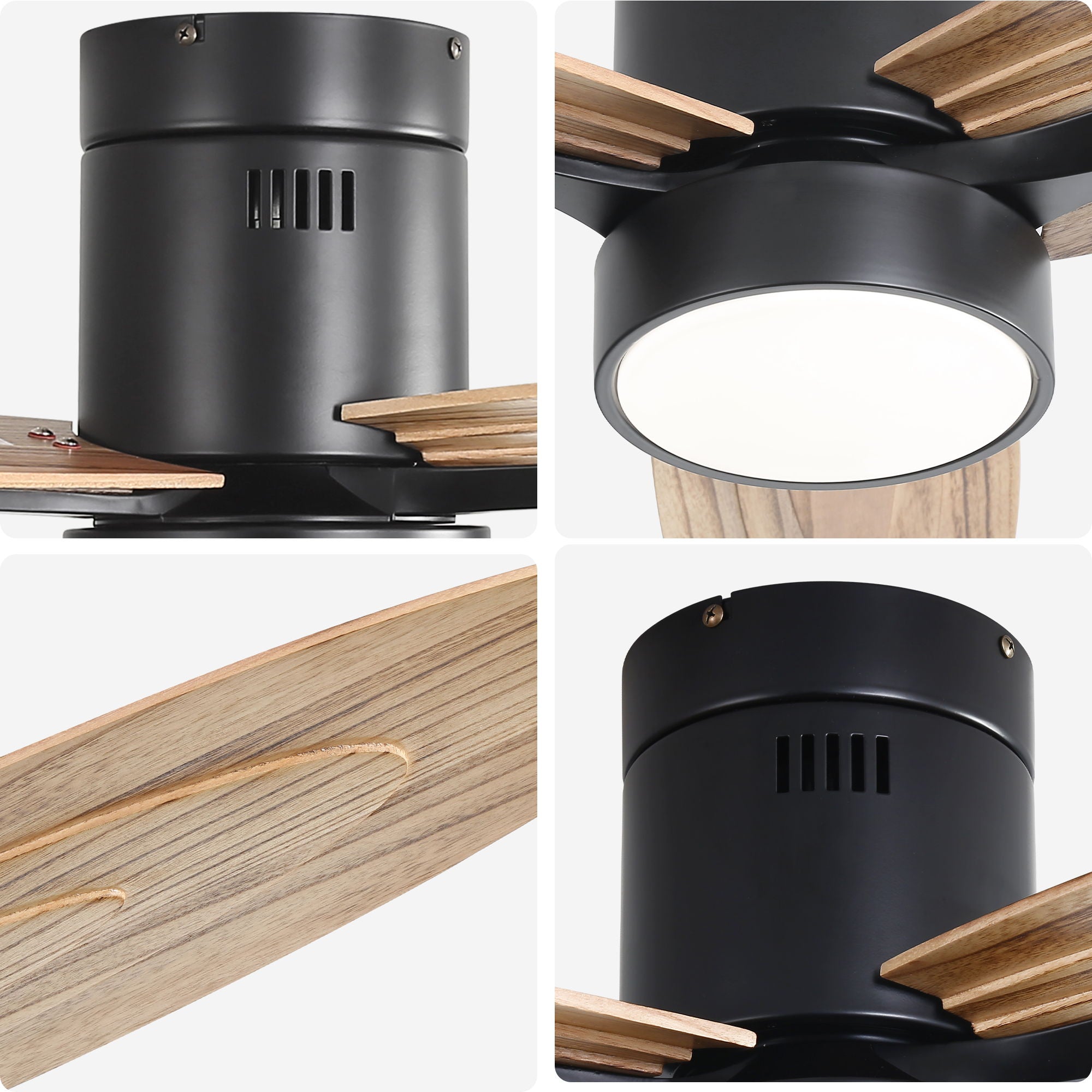 Flush Mount Ceiling Fan With Light And Remote Control, 3 Blades, Reversible DC Motor - Black