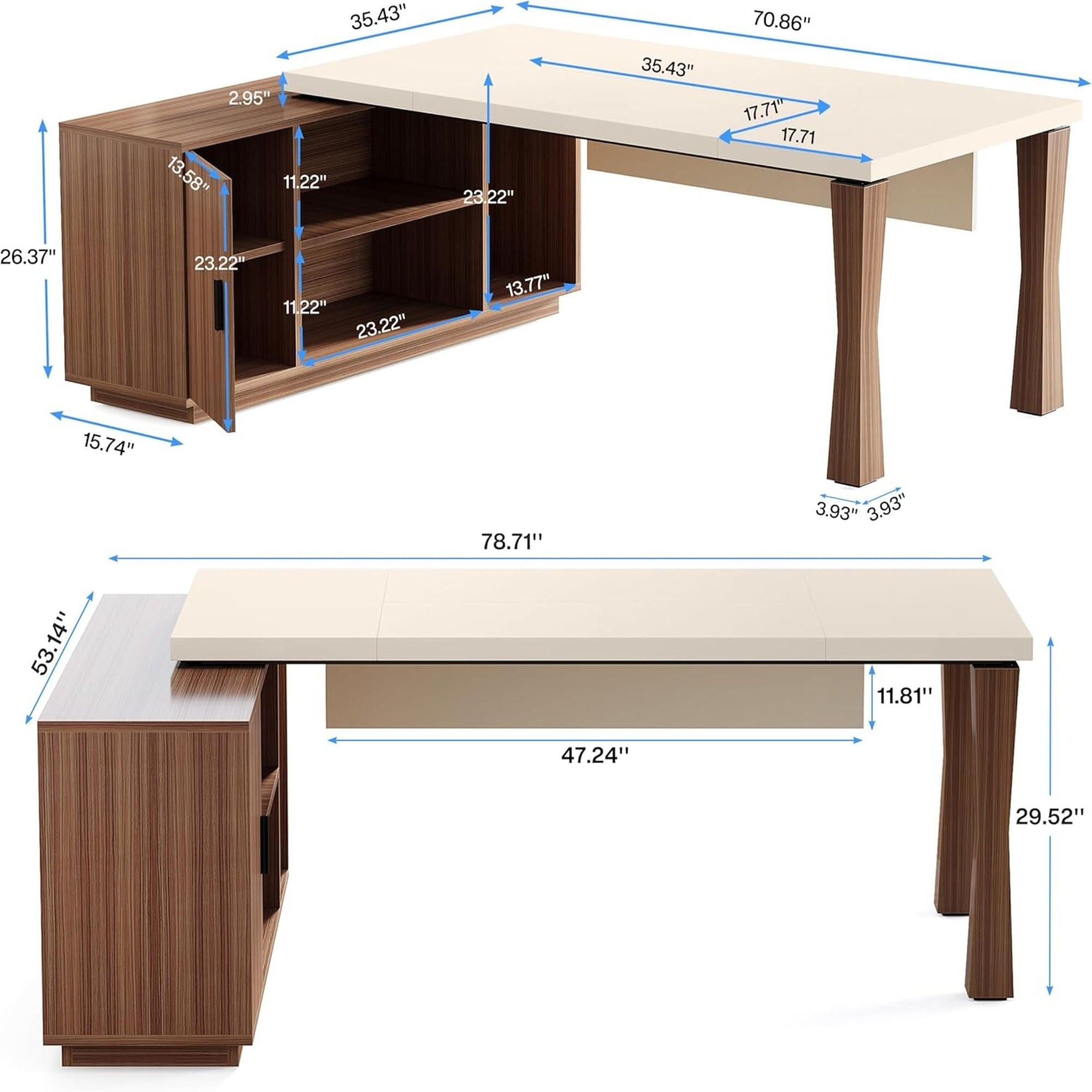L-Shaped Executive Desk With Storage Cabinet, Home Office Workstation With Shelves - White / Walnut