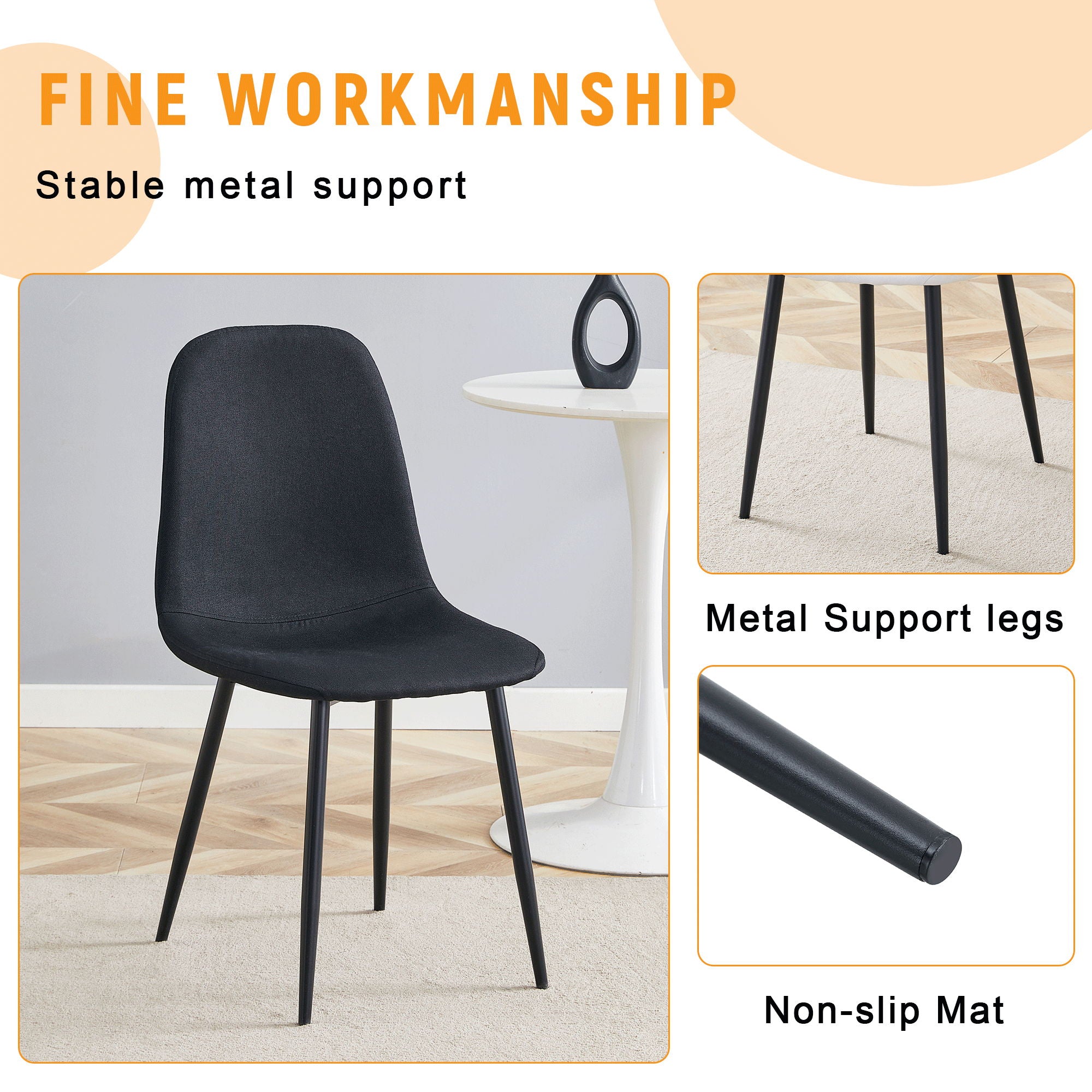 Modern Medieval Style Cushioned Side Chairs Set With Black Metal Legs For Kitchens
