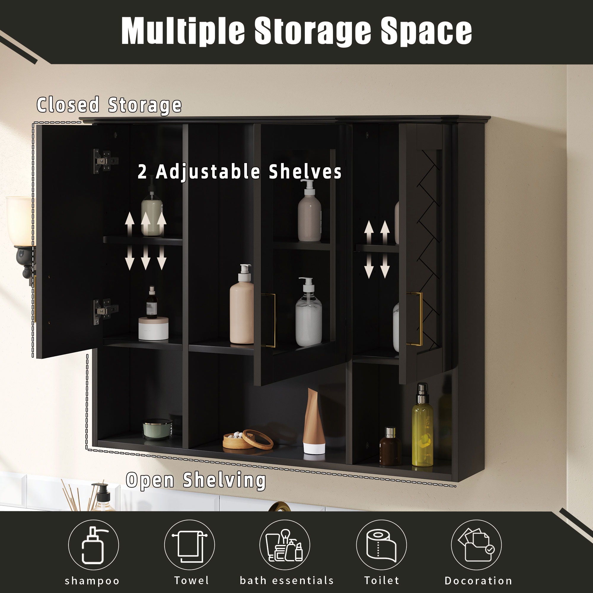 Modern Wall Mounted Medicine Cabinet With Adjustable Shelves, Soft Close Doors, High Define Mirror