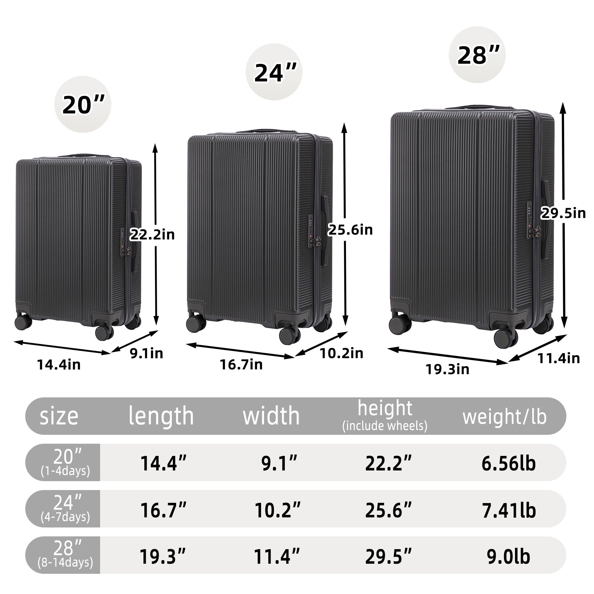 20" / 24" / 28" 3 Pieces / Set Spinner Wheel Luggage, Carry On Suitcase, Matching Color, TSA Combination Lock