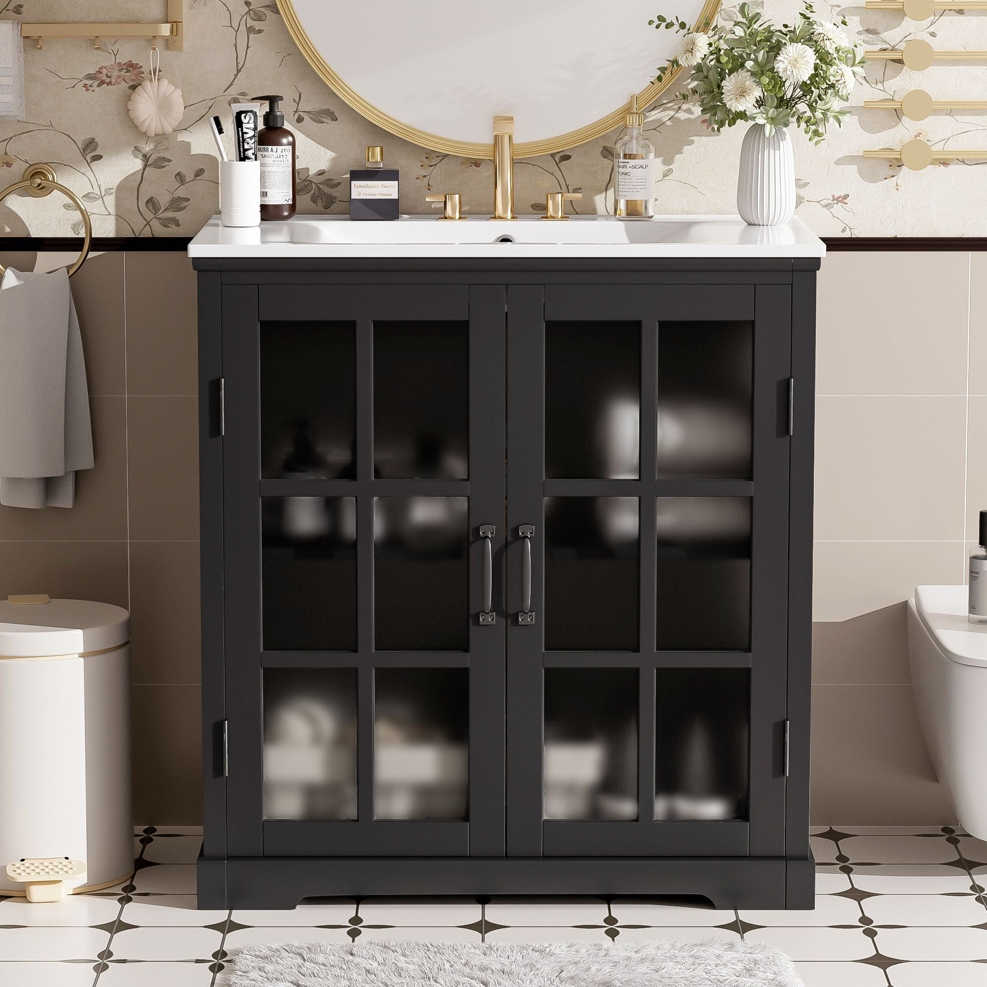 Modern Bathroom Vanity With Ceramic Sink, Tempered Blurred Glass Doors