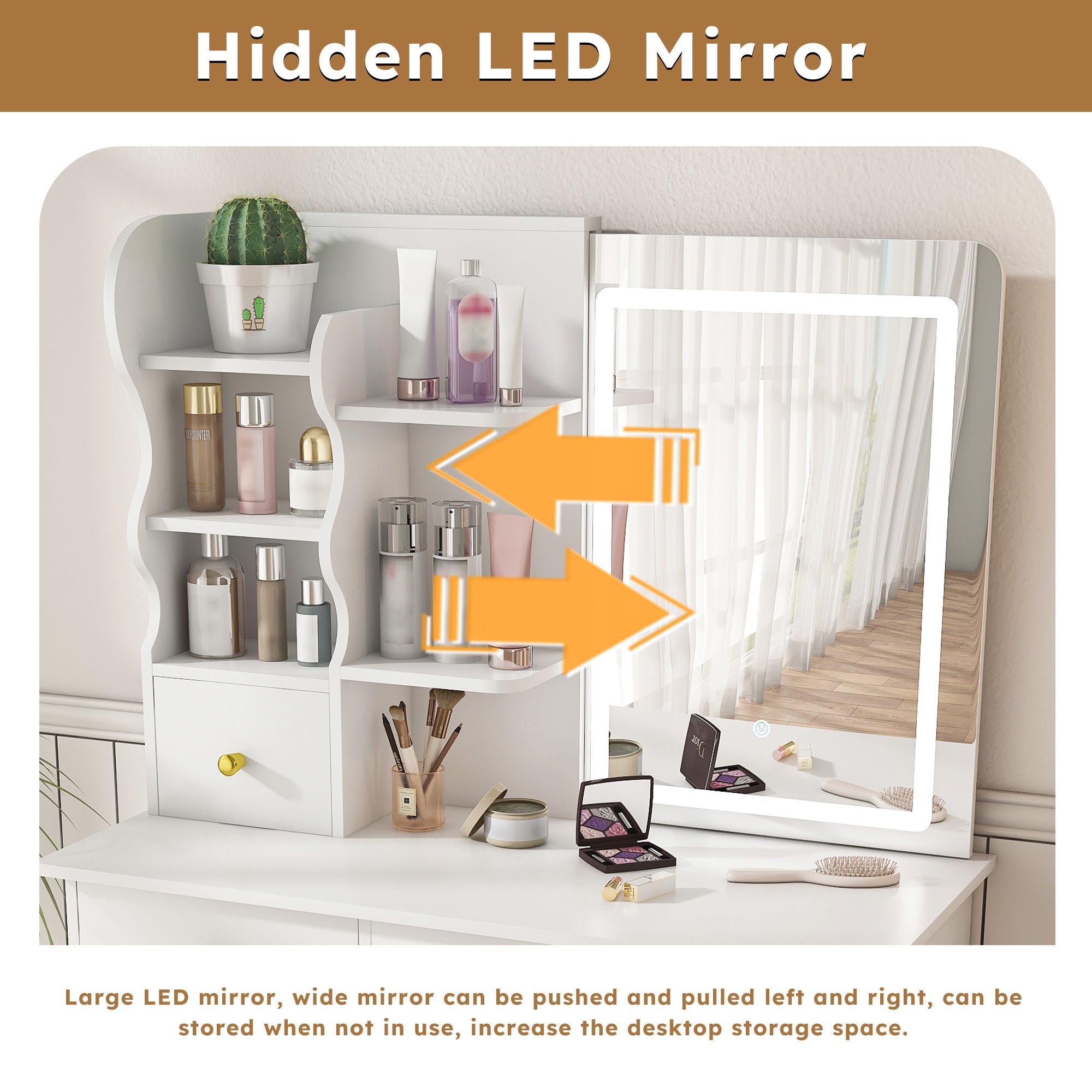 Dressing Table With Movable Mirror And LED Light, 5 Drawer Storage Organizer - White