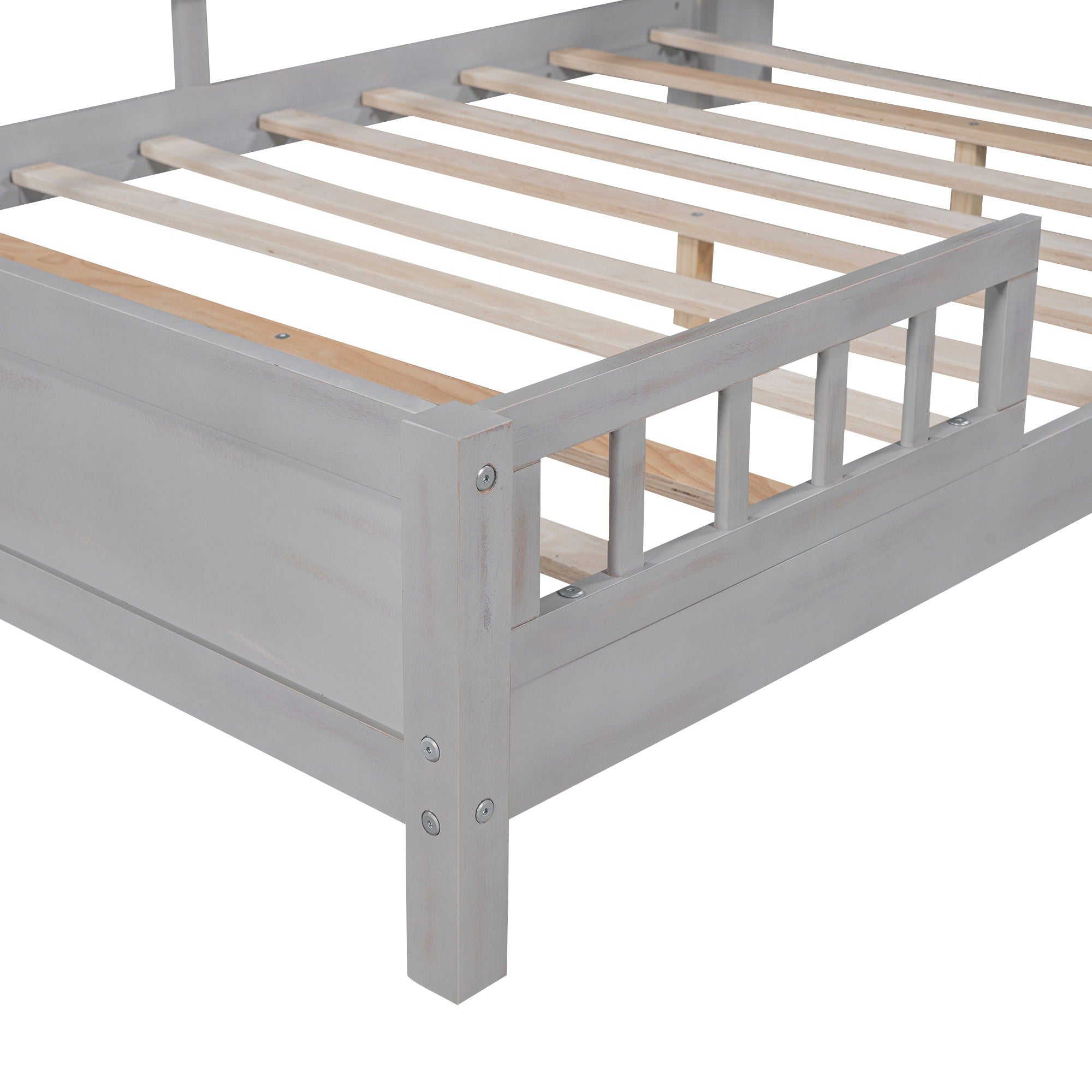 Wood Platform Bed With Built In LED Light, Storage Headboard And Guardrail