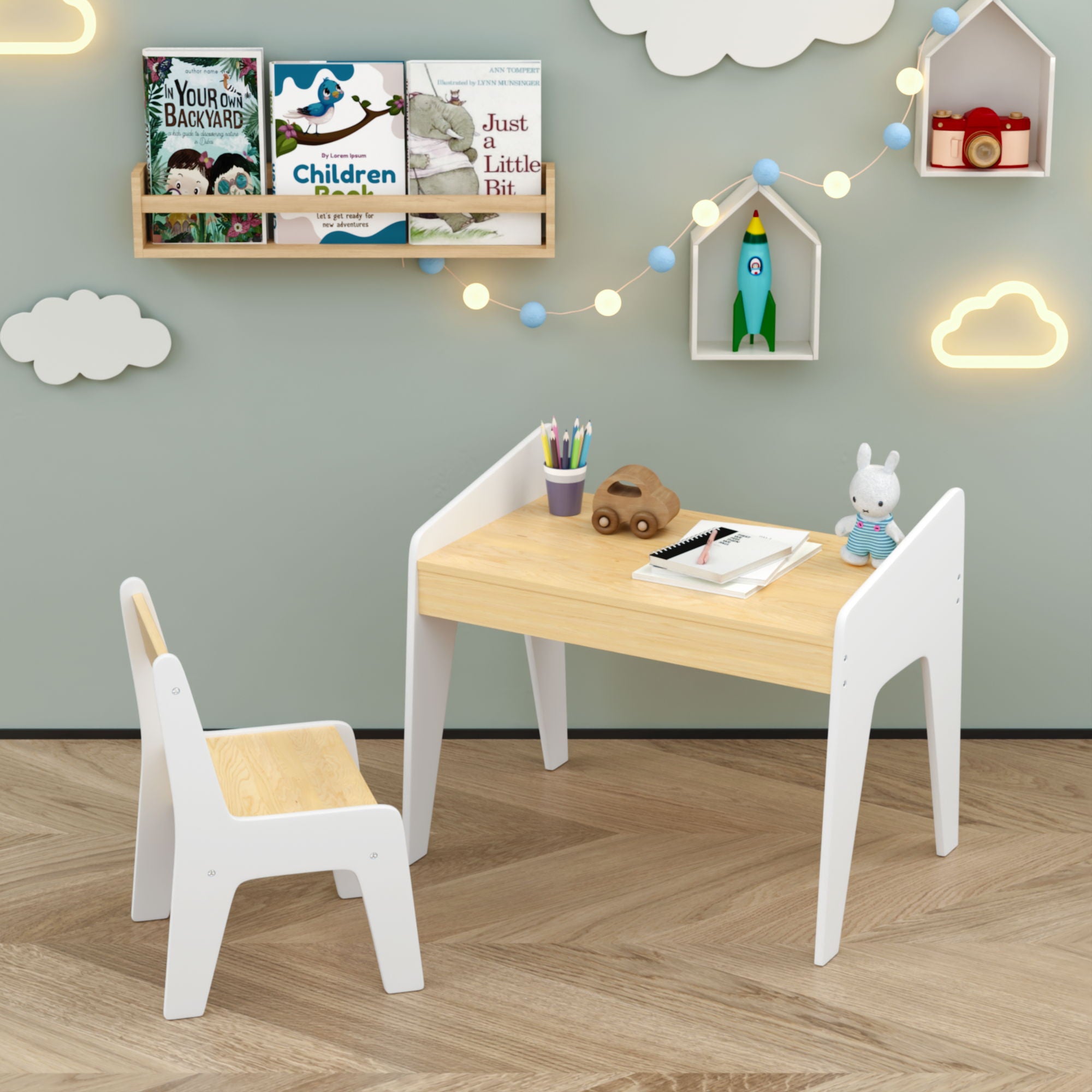 Table Set With 1 Chair, Children Study Table For Ages 2 - 8 - White