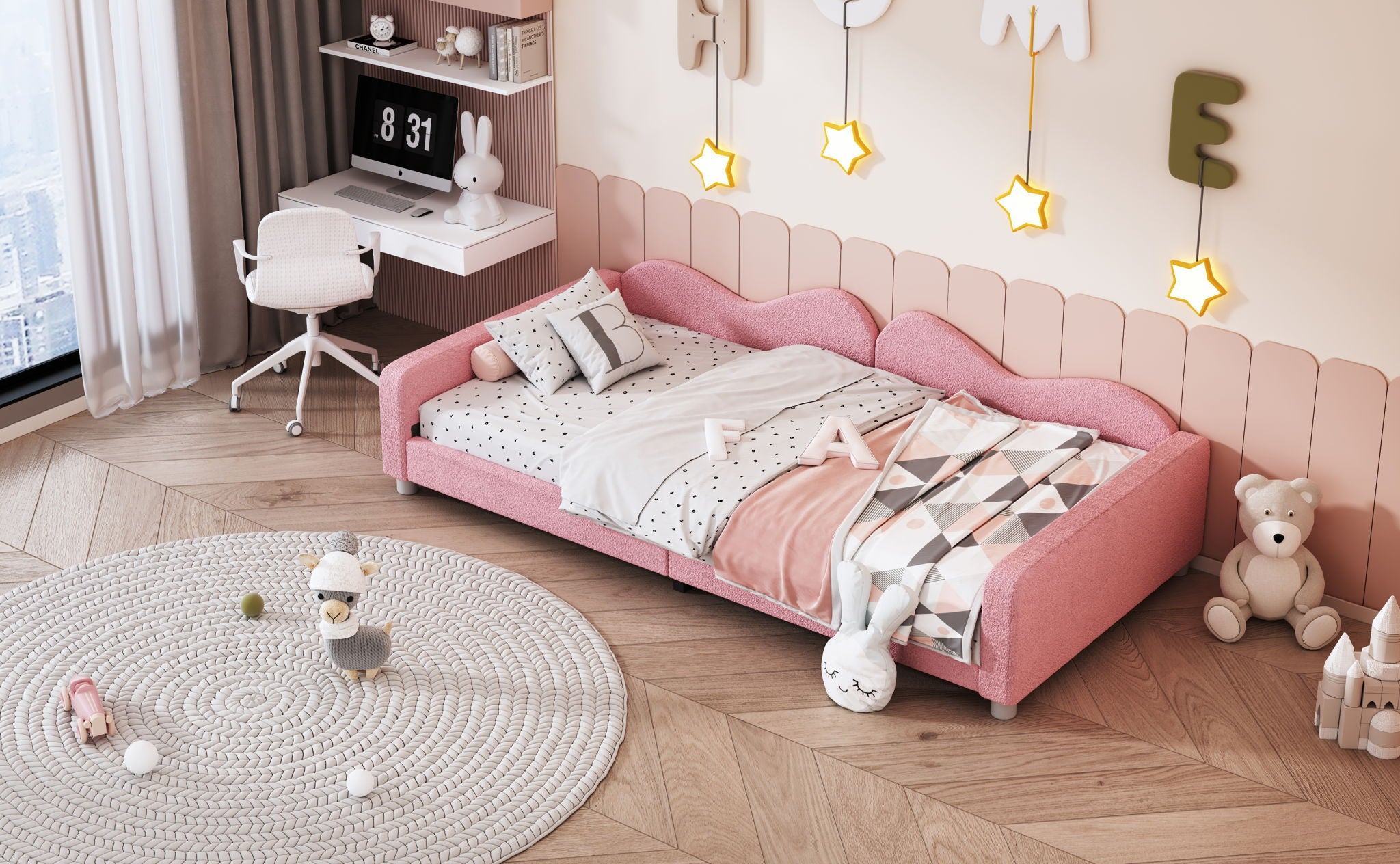 Upholstered Daybed, Sherpa Fabric Sofabed With Cloud-Shaped Backrest