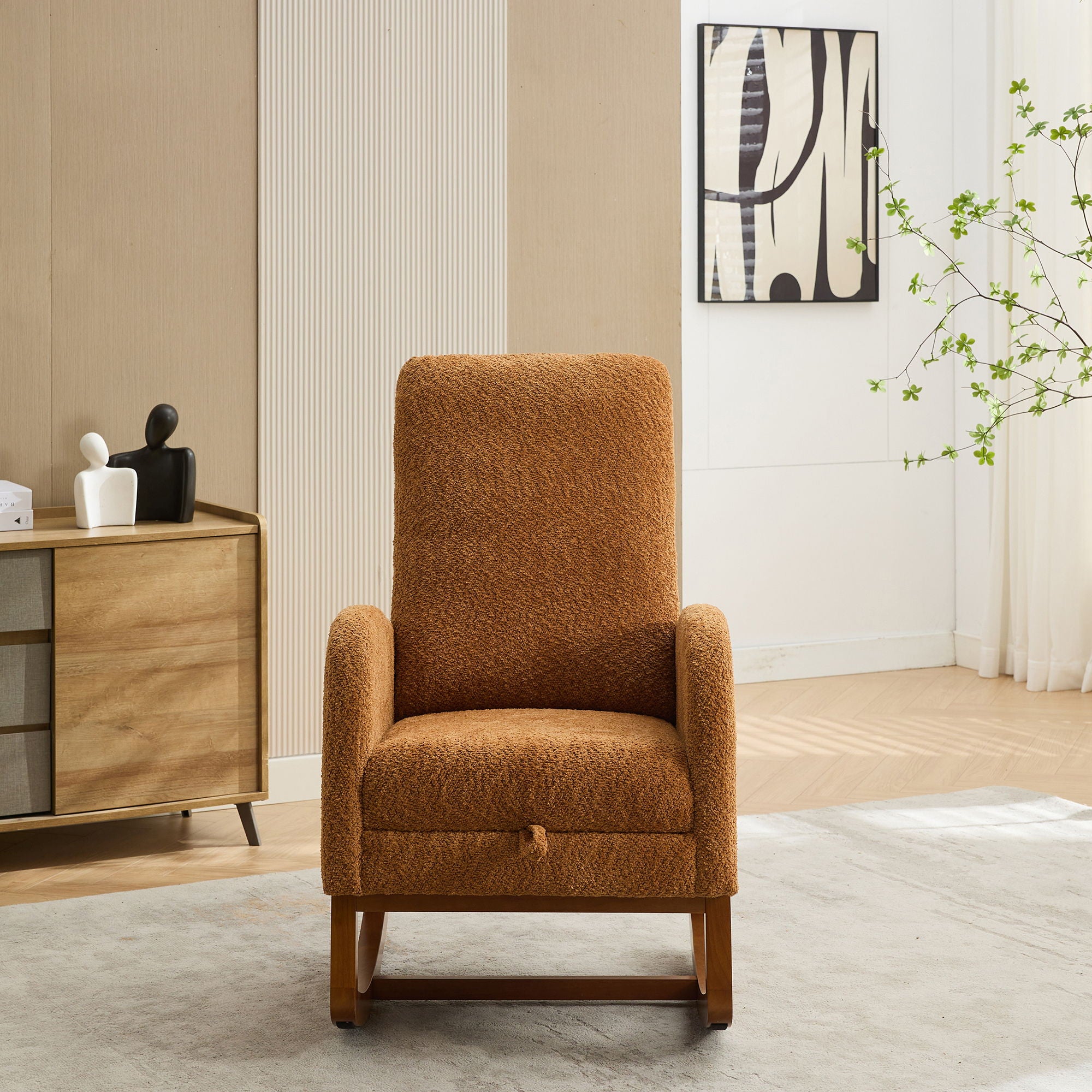 High Back Glider Rocking Chair With Retractable Footrest And Rubber Wood Legs