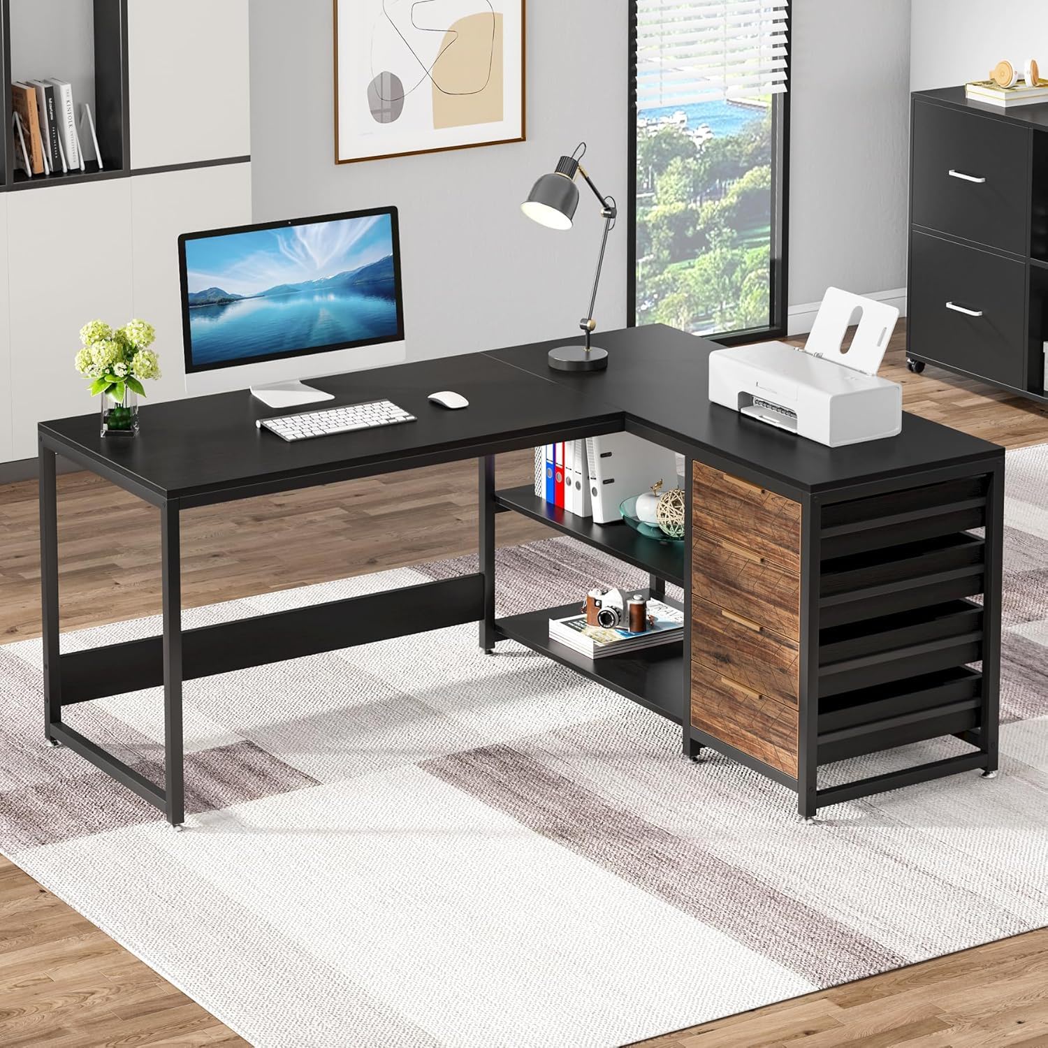 L-Shaped Computer Desk With Drawers And Shelves, Workstation For Home Office
