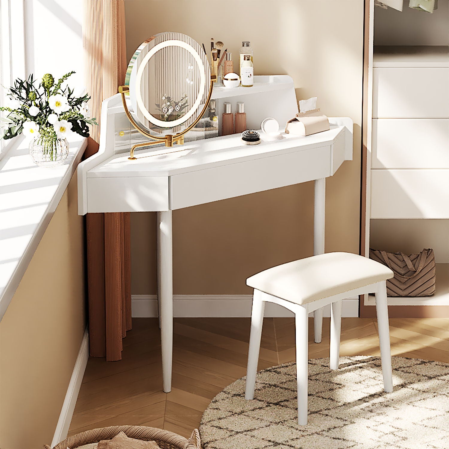 Modern Corner Makeup Vanity Desk With Large Storage, LED Mirror & Stool, Adjustable Brightness, Space Saving - White - Best Buy Furniture