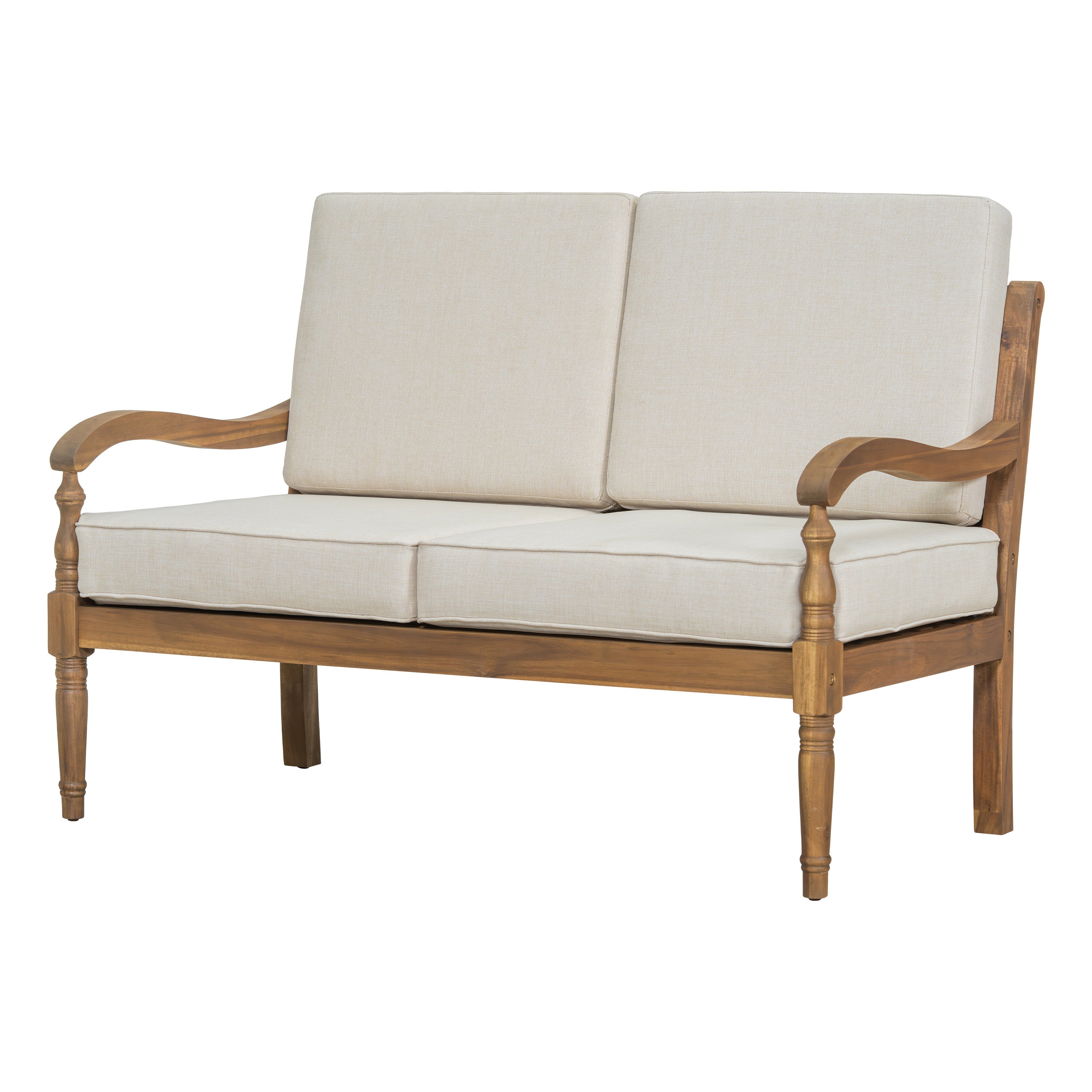 Outdoor Acacia Wood Loveseat with Cushions, Natural Finish with Beige Fabric