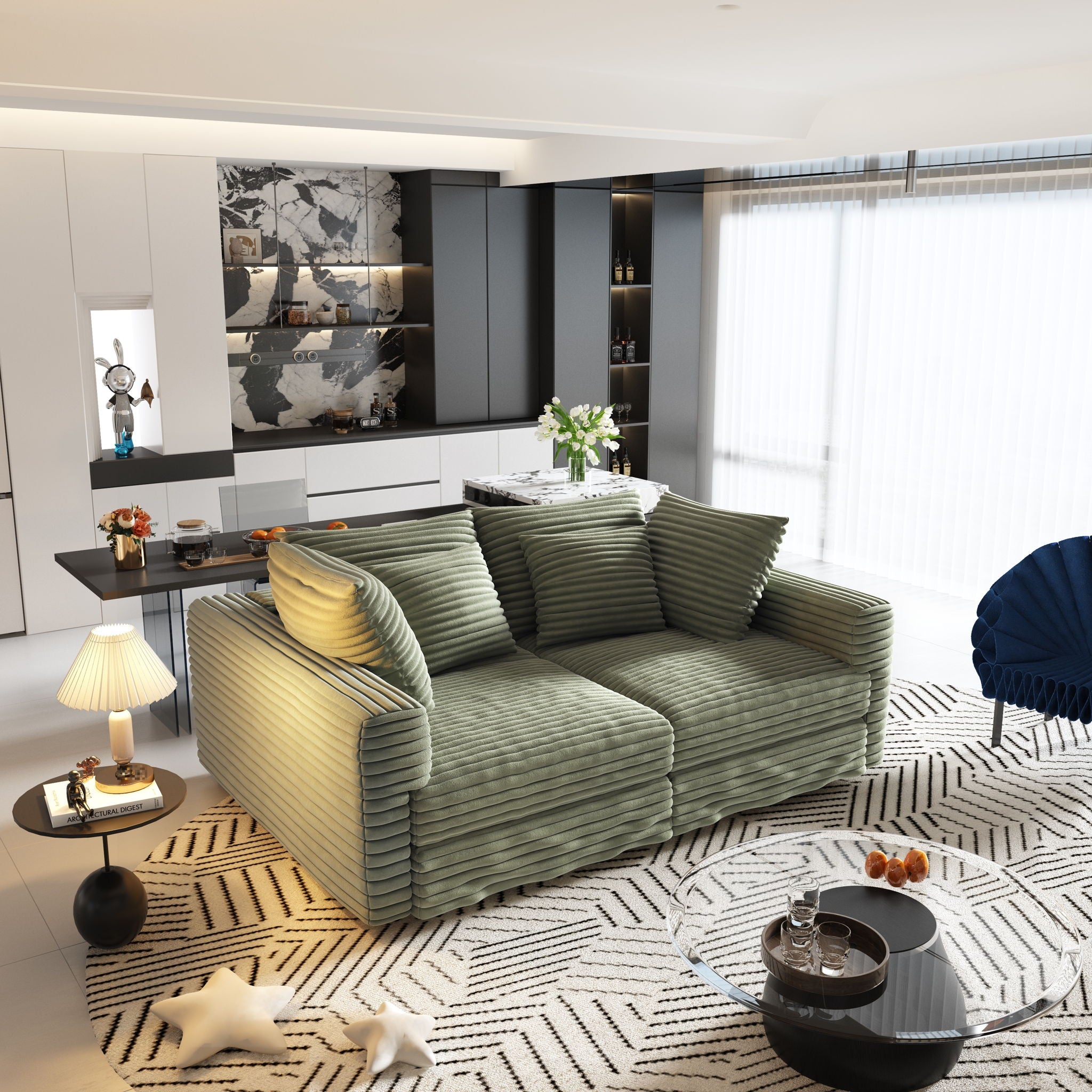 Deep Seat Convertible Sofa With Soft Pillows And Ottomans