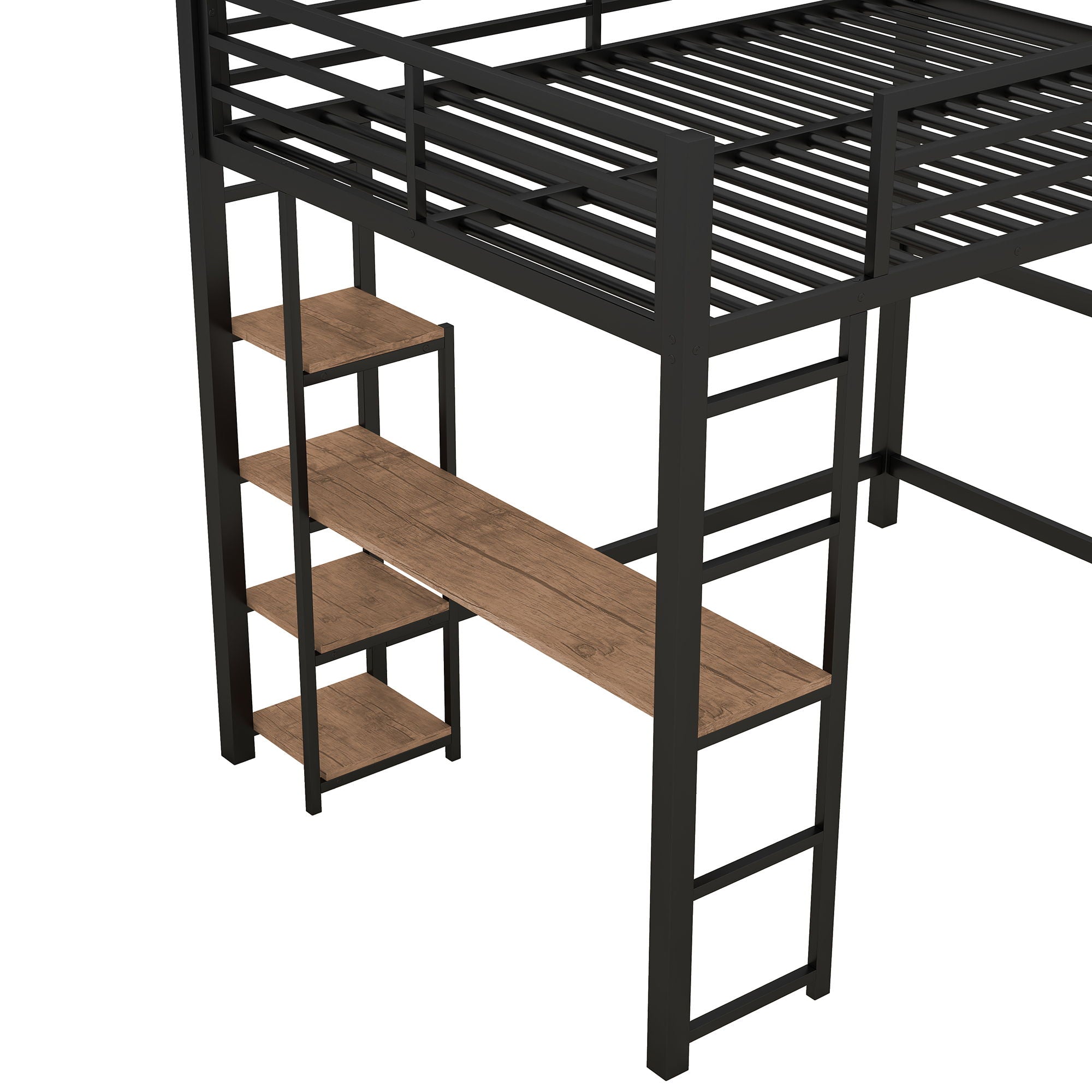 Loft Bed With Built In Desk And Storage Shelves, Full Size - Black