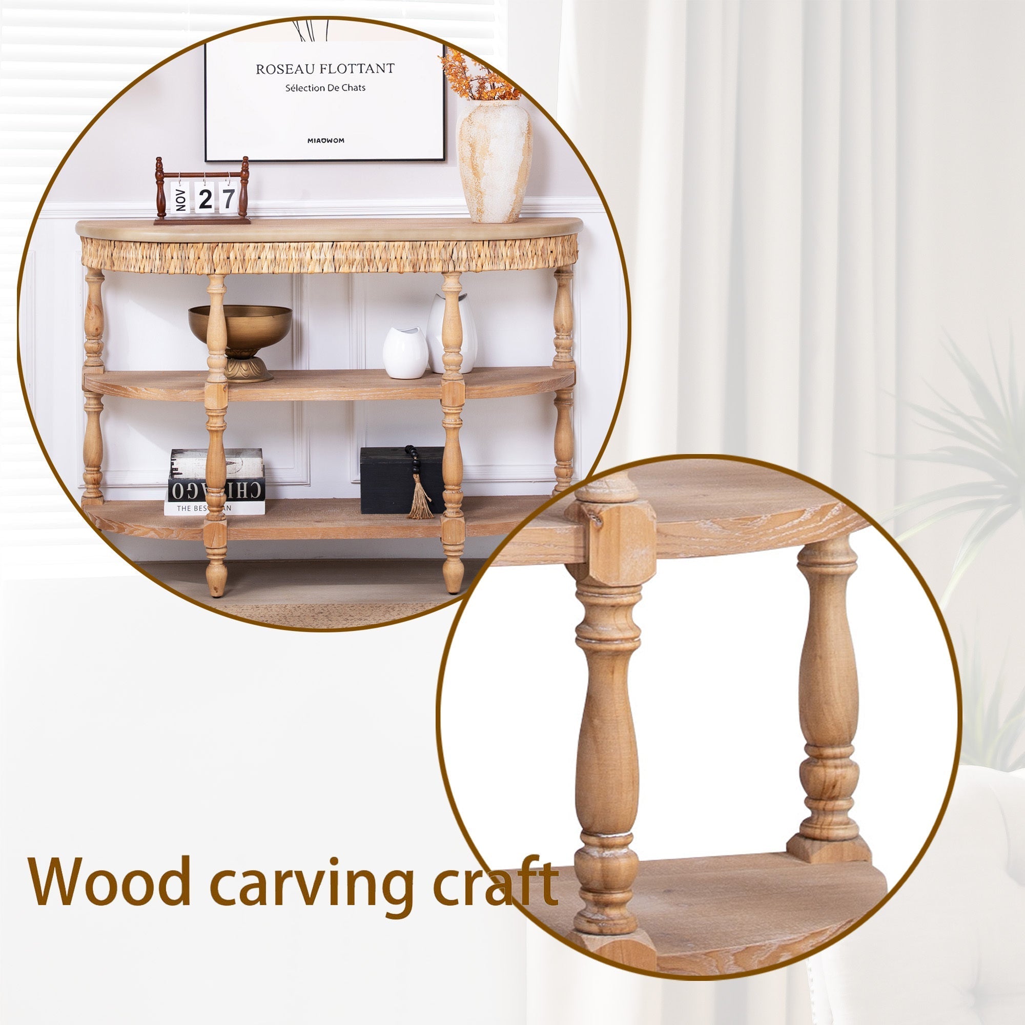 Handcrafted Wood Console Table with Hand-Woven Trim, 3-Tier Storage Shelves, Oval Entryway Table with Carved Legs, Rustic Coastal Farmhouse Accent Table, 49' Hallway Sofa Table