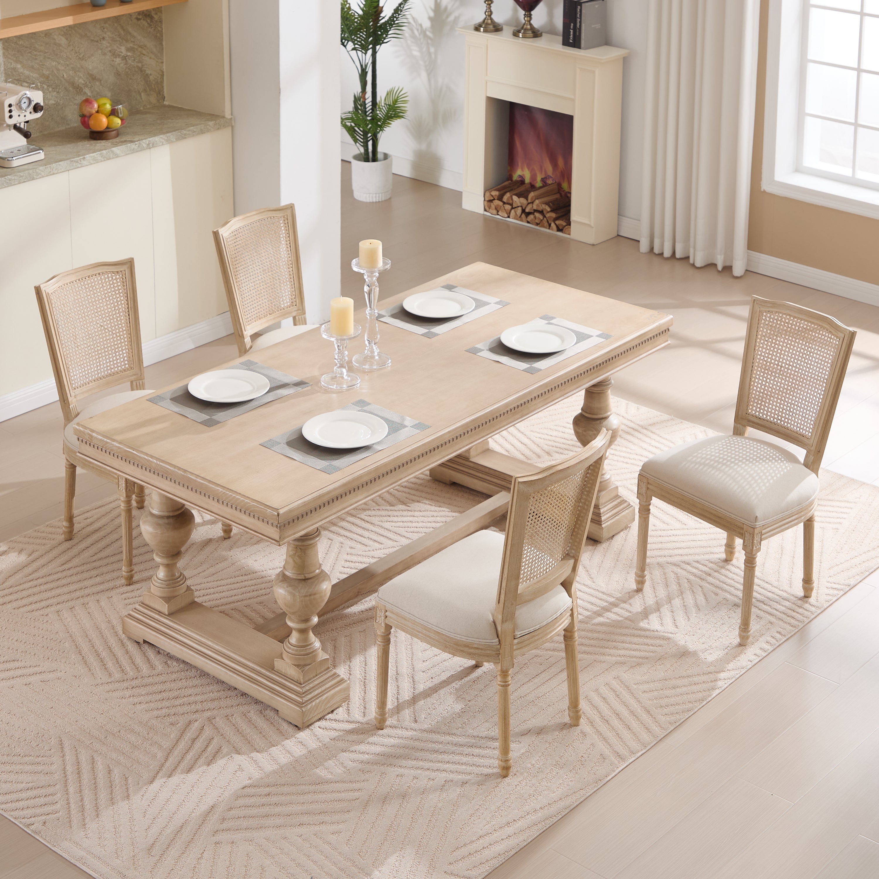 French Country Dining Chairs Set of 2 Upholstered With Natural Rattan Back